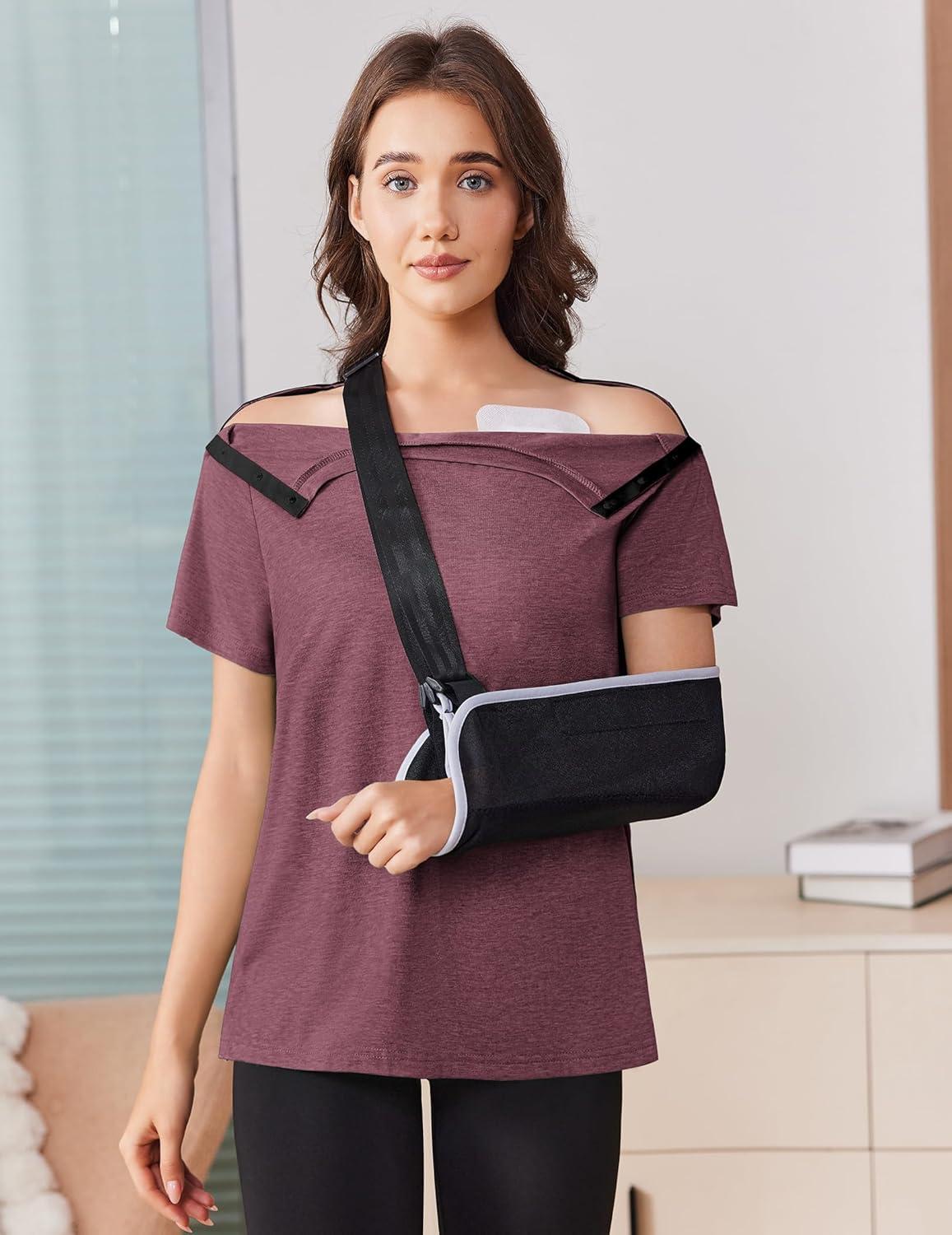 imageDeyeek Post Shoulder Surgery Shirts for Women Tear Away Side Snap Chemo Port Shirts Short Sleeve Adaptive ClothingBurgundy