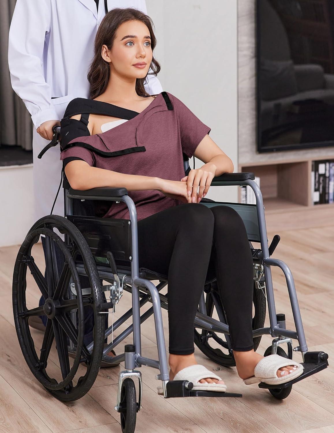 imageDeyeek Post Shoulder Surgery Shirts for Women Tear Away Side Snap Chemo Port Shirts Short Sleeve Adaptive ClothingBurgundy