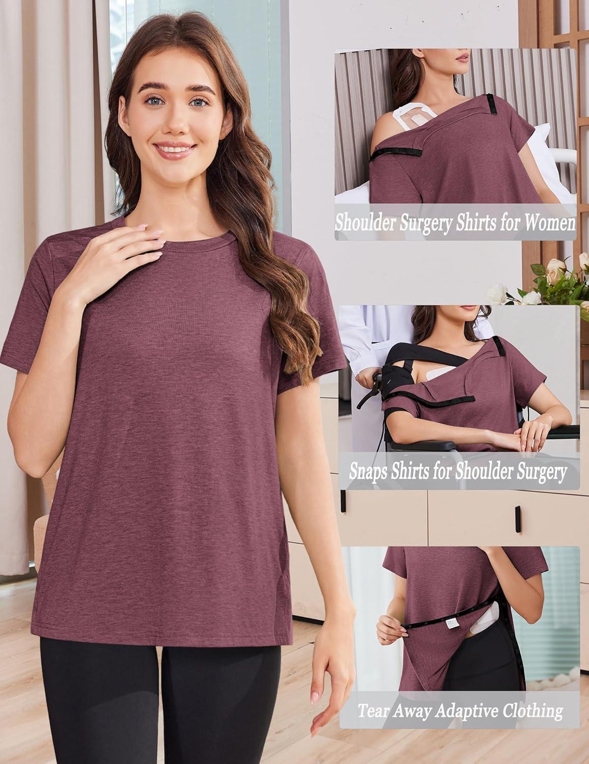 imageDeyeek Post Shoulder Surgery Shirts for Women Tear Away Side Snap Chemo Port Shirts Short Sleeve Adaptive ClothingBurgundy