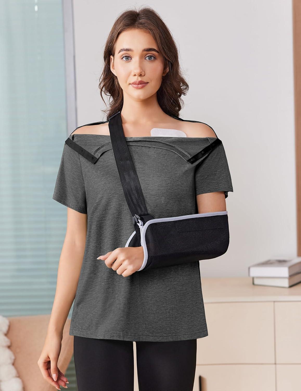 imageDeyeek Post Shoulder Surgery Shirts for Women Tear Away Side Snap Chemo Port Shirts Short Sleeve Adaptive ClothingDark Gray