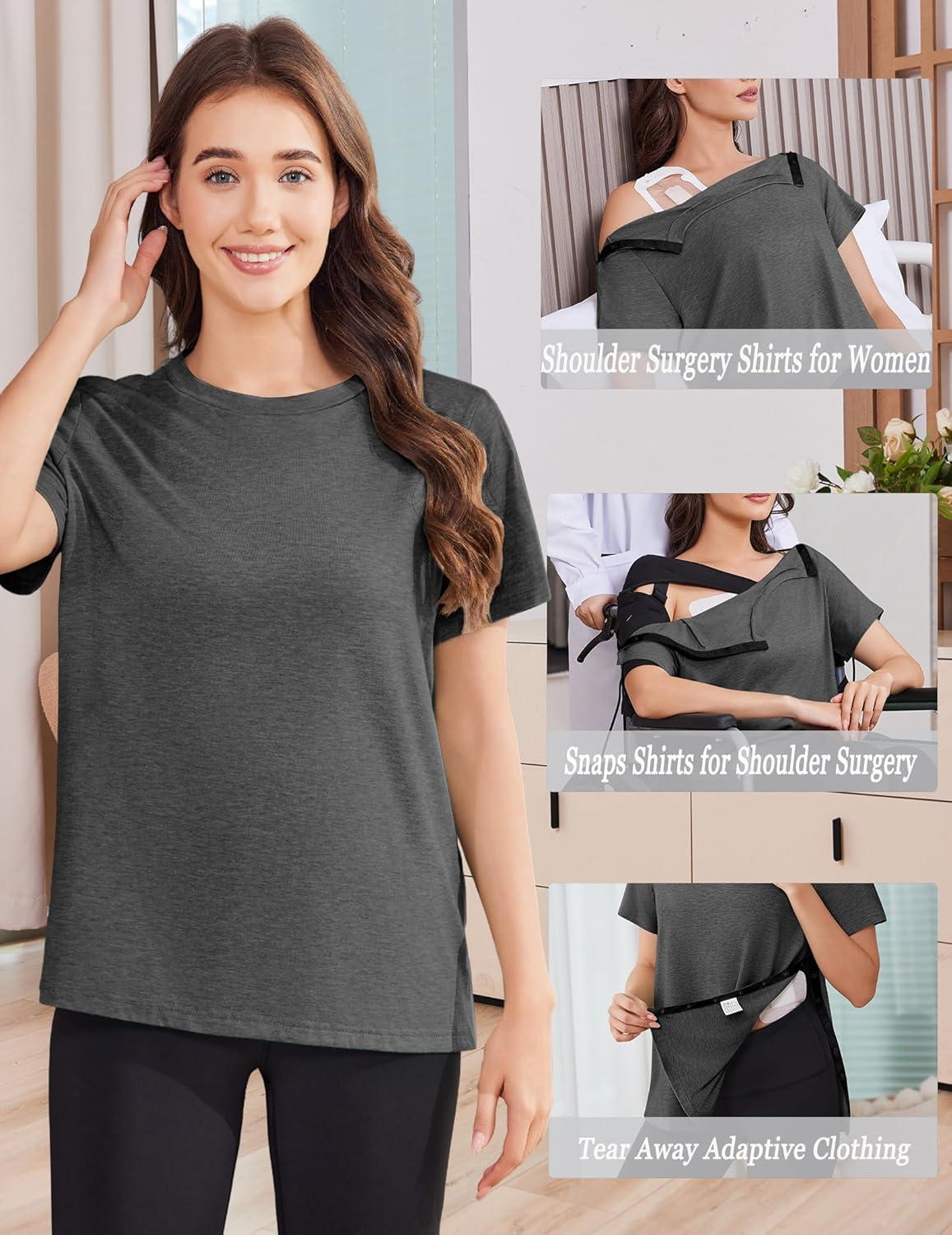 imageDeyeek Post Shoulder Surgery Shirts for Women Tear Away Side Snap Chemo Port Shirts Short Sleeve Adaptive ClothingDark Gray
