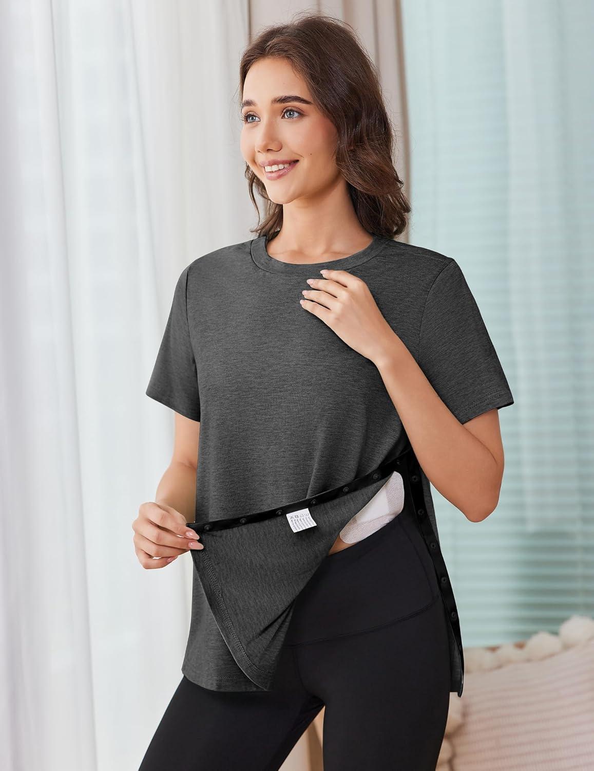 imageDeyeek Post Shoulder Surgery Shirts for Women Tear Away Side Snap Chemo Port Shirts Short Sleeve Adaptive ClothingDark Gray