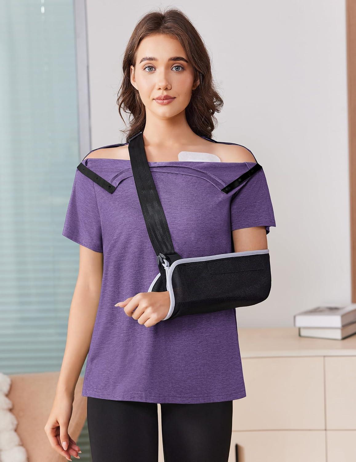imageDeyeek Post Shoulder Surgery Shirts for Women Tear Away Side Snap Chemo Port Shirts Short Sleeve Adaptive ClothingDark Purple