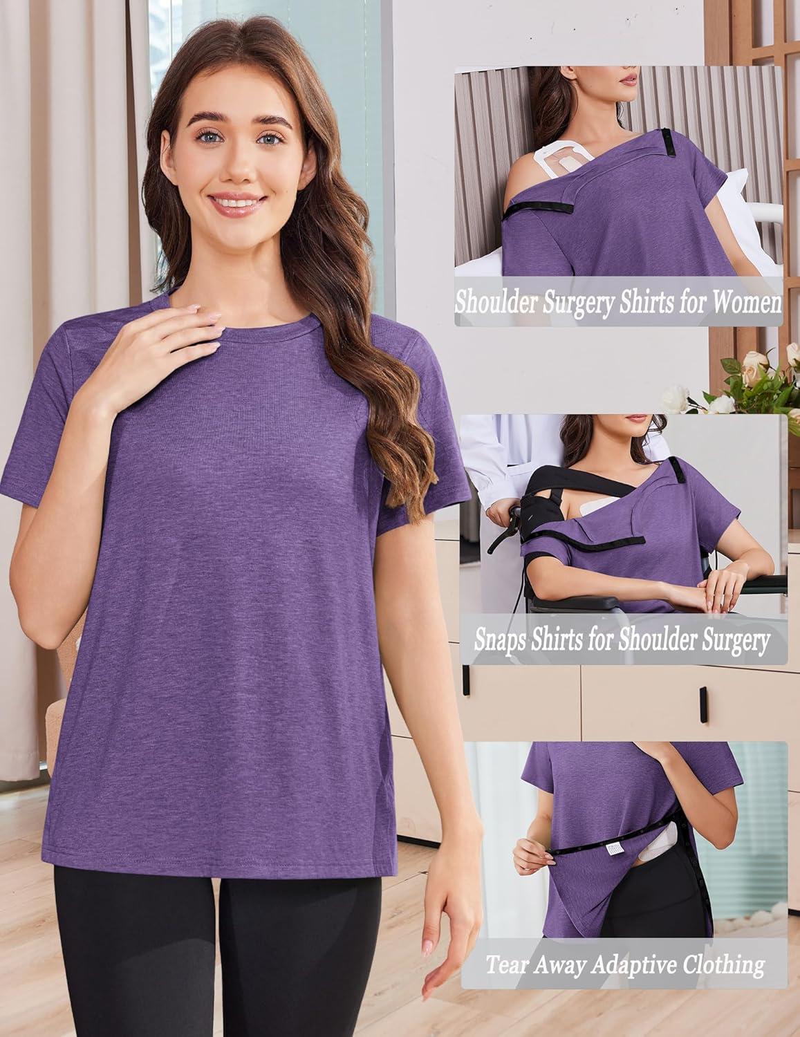 imageDeyeek Post Shoulder Surgery Shirts for Women Tear Away Side Snap Chemo Port Shirts Short Sleeve Adaptive ClothingDark Purple