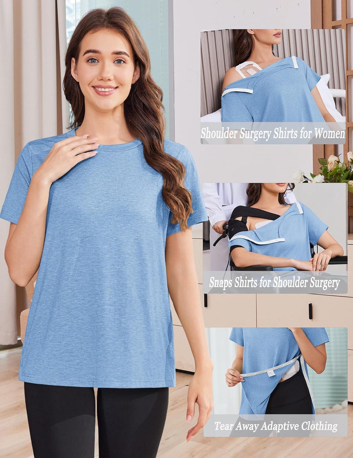 imageDeyeek Post Shoulder Surgery Shirts for Women Tear Away Side Snap Chemo Port Shirts Short Sleeve Adaptive ClothingLight Blue