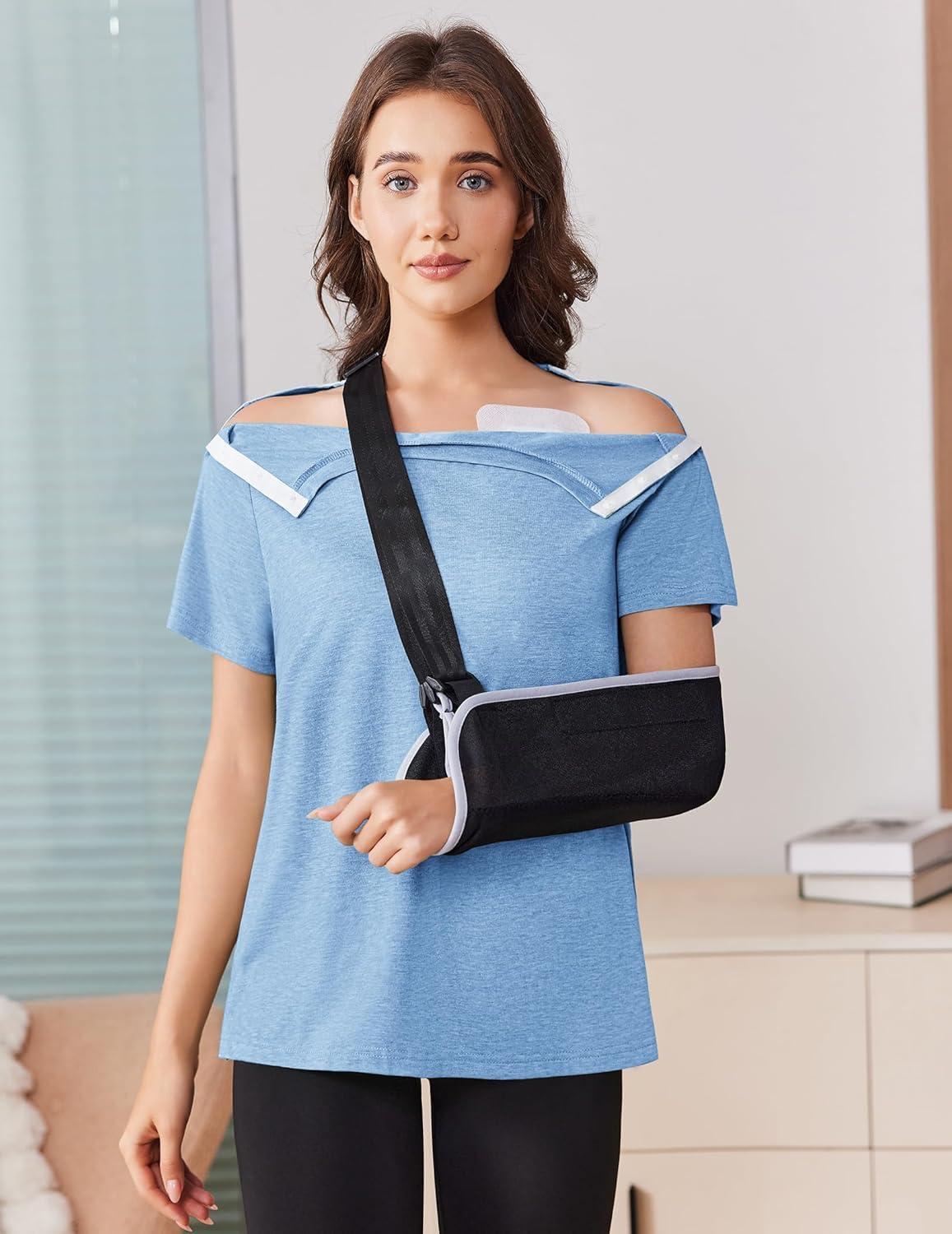 imageDeyeek Post Shoulder Surgery Shirts for Women Tear Away Side Snap Chemo Port Shirts Short Sleeve Adaptive ClothingLight Blue