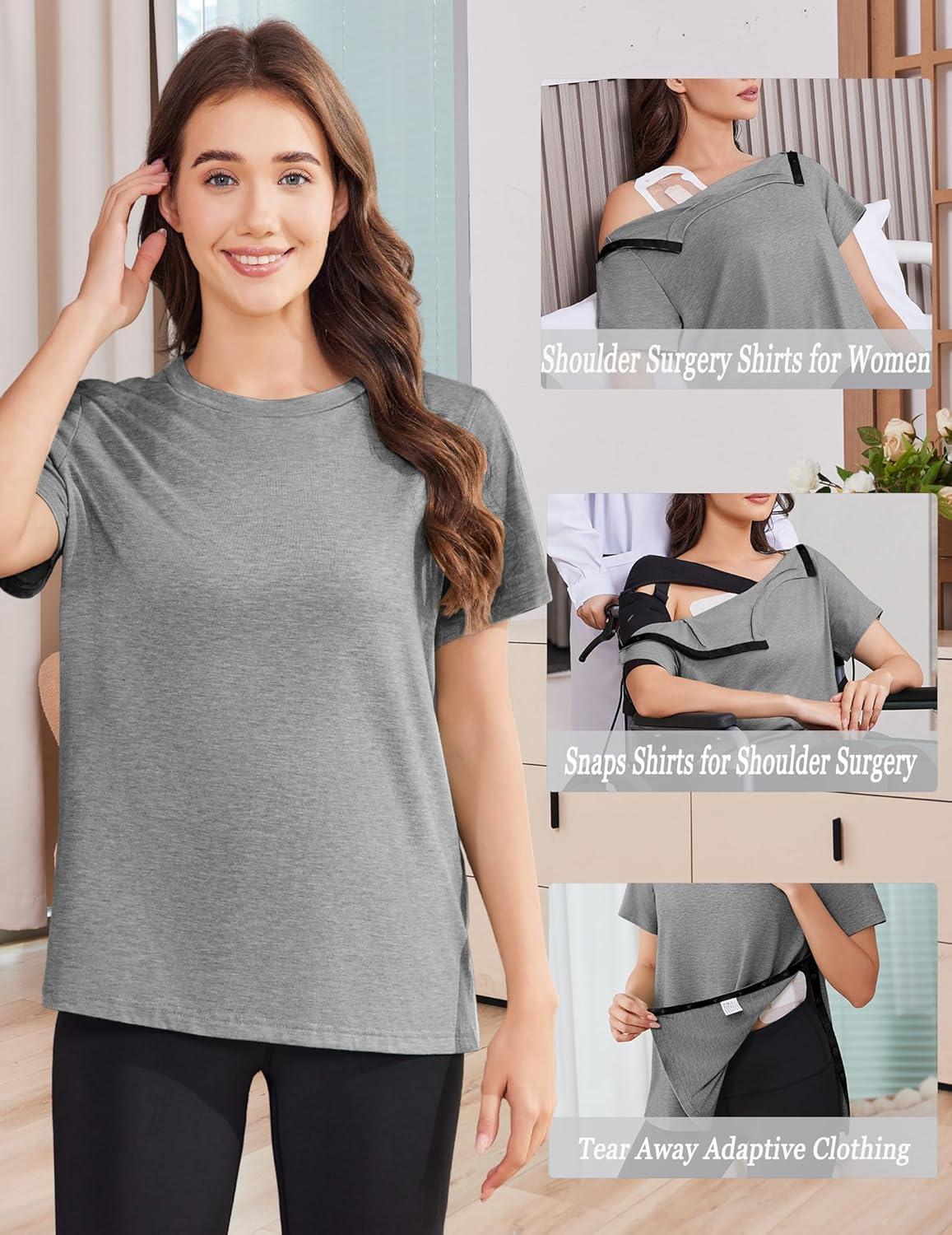imageDeyeek Post Shoulder Surgery Shirts for Women Tear Away Side Snap Chemo Port Shirts Short Sleeve Adaptive ClothingLight Gray
