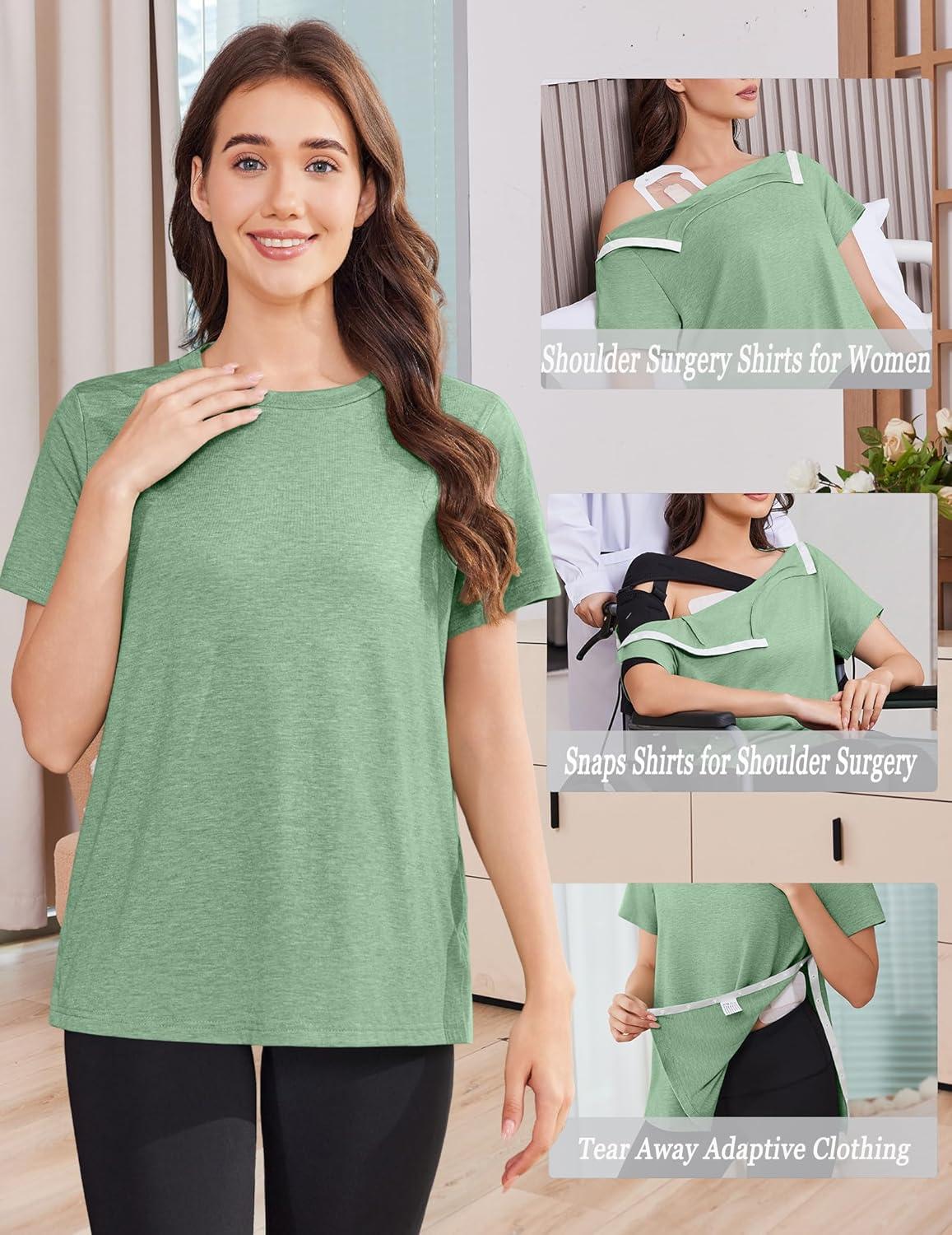 imageDeyeek Post Shoulder Surgery Shirts for Women Tear Away Side Snap Chemo Port Shirts Short Sleeve Adaptive ClothingLight Green
