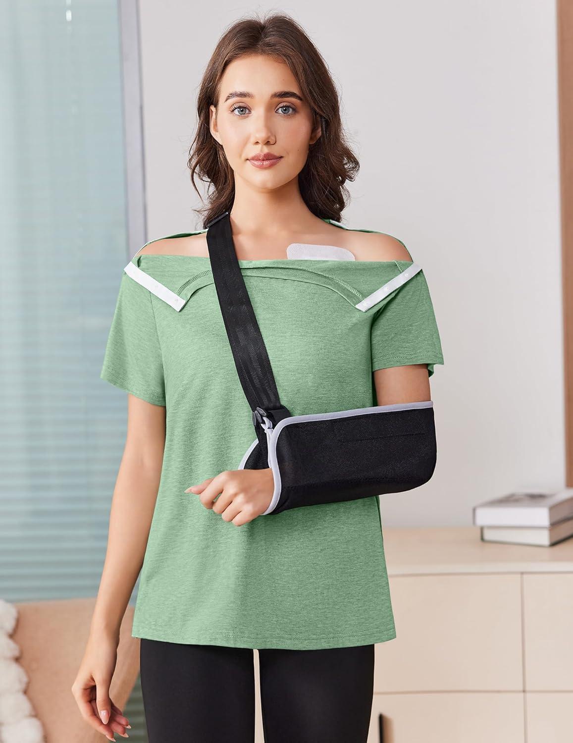 imageDeyeek Post Shoulder Surgery Shirts for Women Tear Away Side Snap Chemo Port Shirts Short Sleeve Adaptive ClothingLight Green