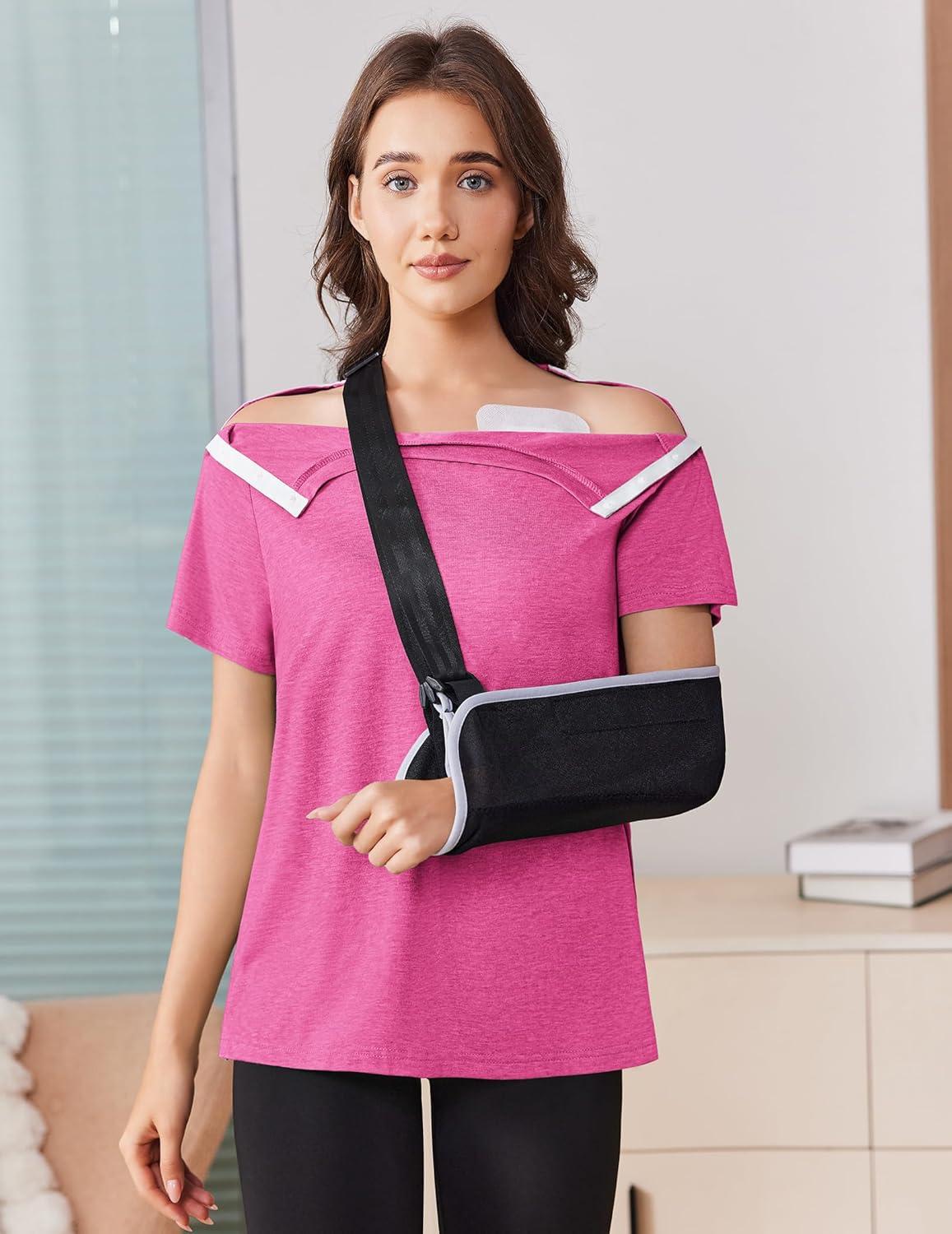 imageDeyeek Post Shoulder Surgery Shirts for Women Tear Away Side Snap Chemo Port Shirts Short Sleeve Adaptive ClothingRose Red