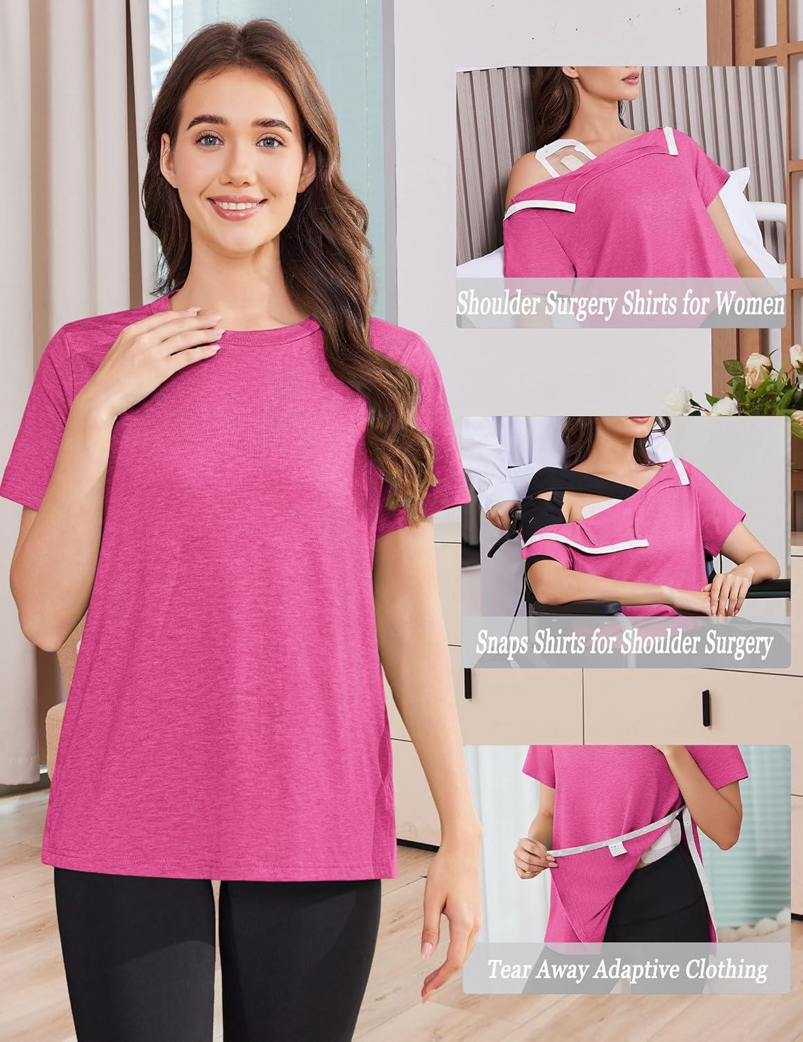 imageDeyeek Post Shoulder Surgery Shirts for Women Tear Away Side Snap Chemo Port Shirts Short Sleeve Adaptive ClothingRose Red