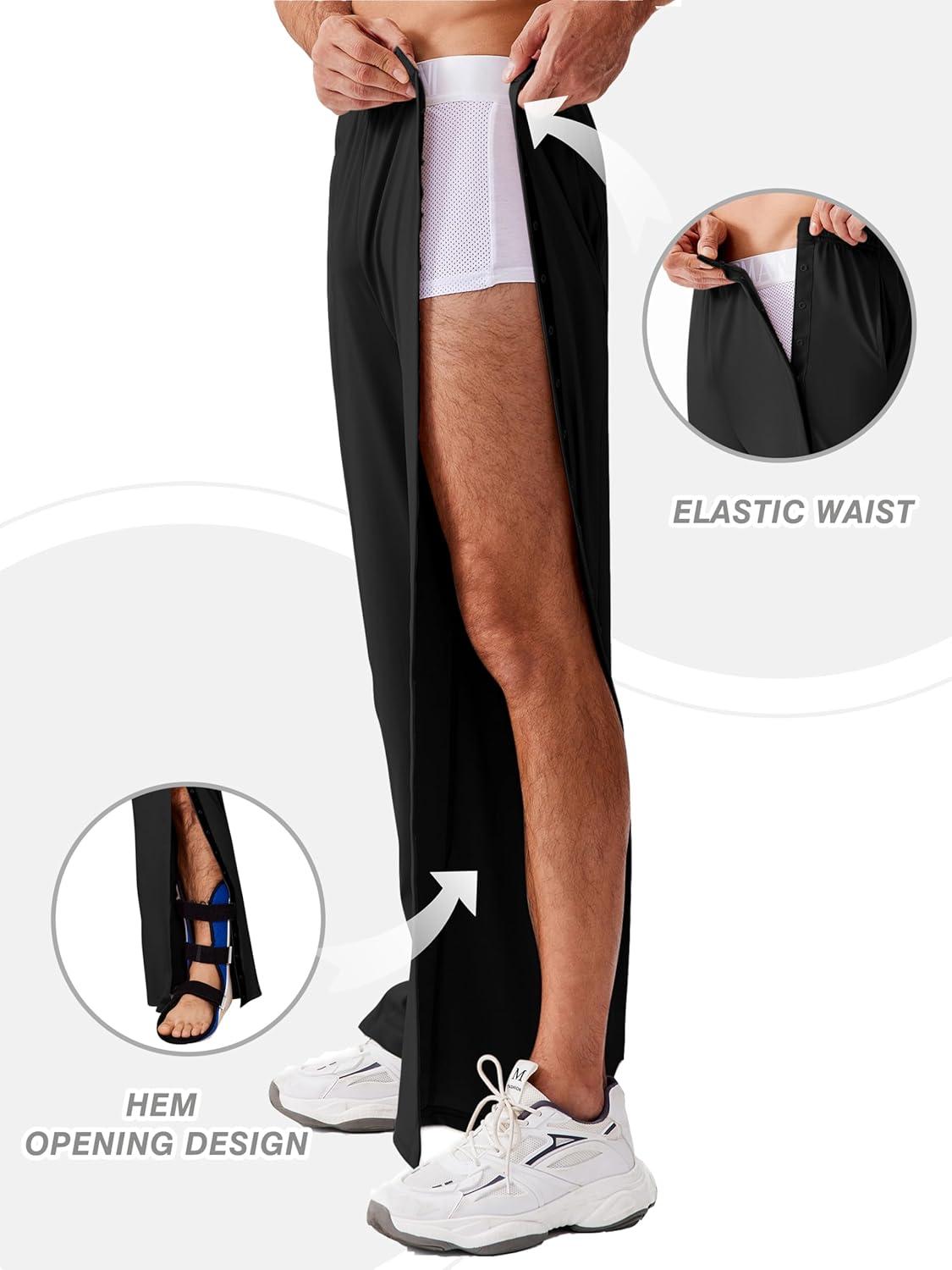 imageDeyeek Tear Away Pants for Men Open Bottom Side Snap On Sweatpants Baggy Post Knee Hip Leg Surgery Recovery Pant with PocketsBlack
