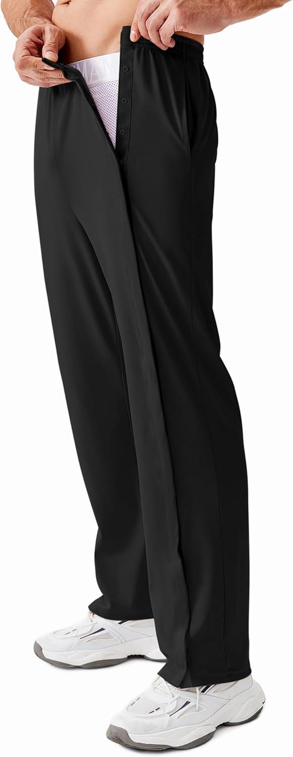imageDeyeek Tear Away Pants for Men Open Bottom Side Snap On Sweatpants Baggy Post Knee Hip Leg Surgery Recovery Pant with PocketsBlack