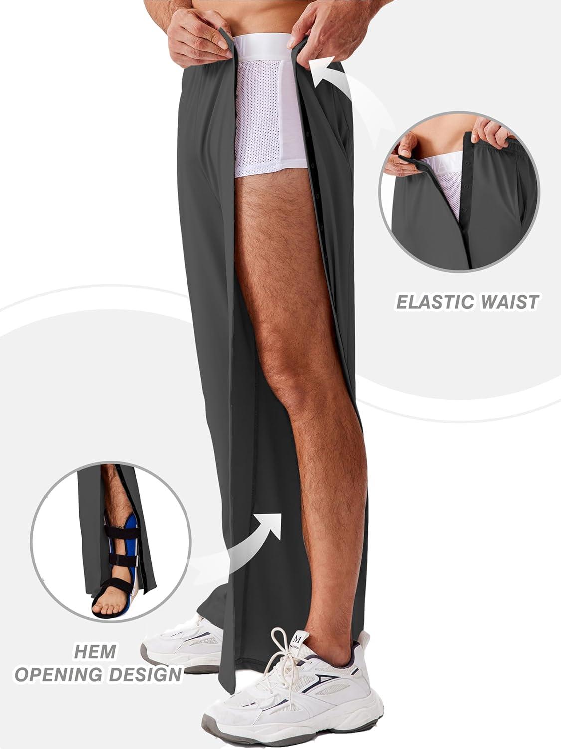 imageDeyeek Tear Away Pants for Men Open Bottom Side Snap On Sweatpants Baggy Post Knee Hip Leg Surgery Recovery Pant with PocketsDark Gray
