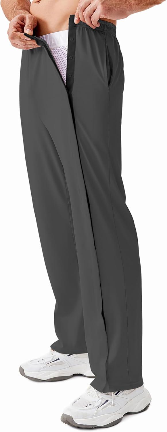 imageDeyeek Tear Away Pants for Men Open Bottom Side Snap On Sweatpants Baggy Post Knee Hip Leg Surgery Recovery Pant with PocketsDark Gray