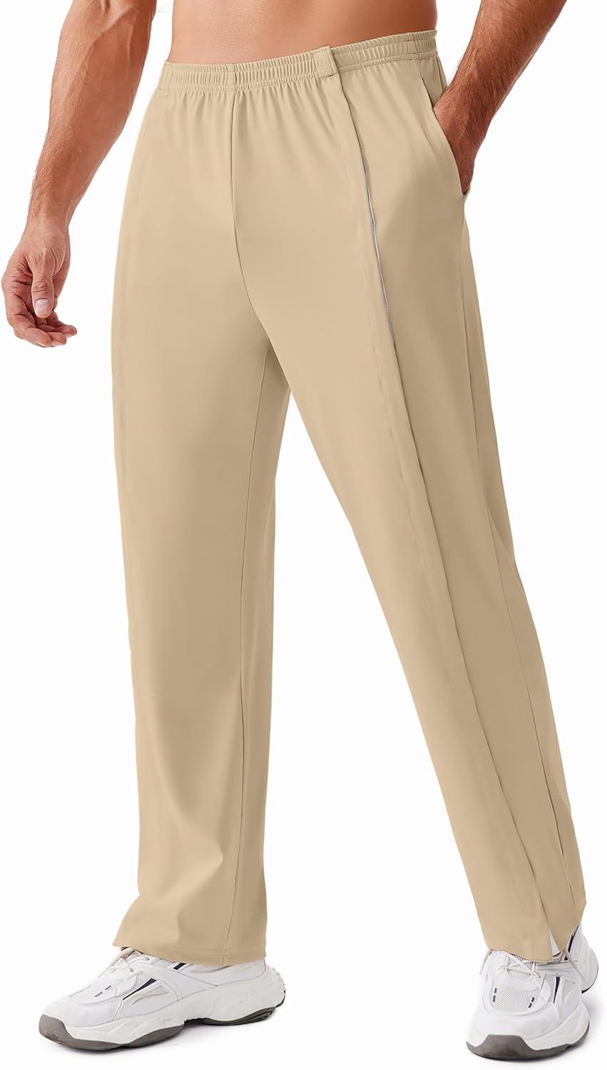 imageDeyeek Tear Away Pants for Men Open Bottom Side Snap On Sweatpants Baggy Post Knee Hip Leg Surgery Recovery Pant with PocketsKhaki