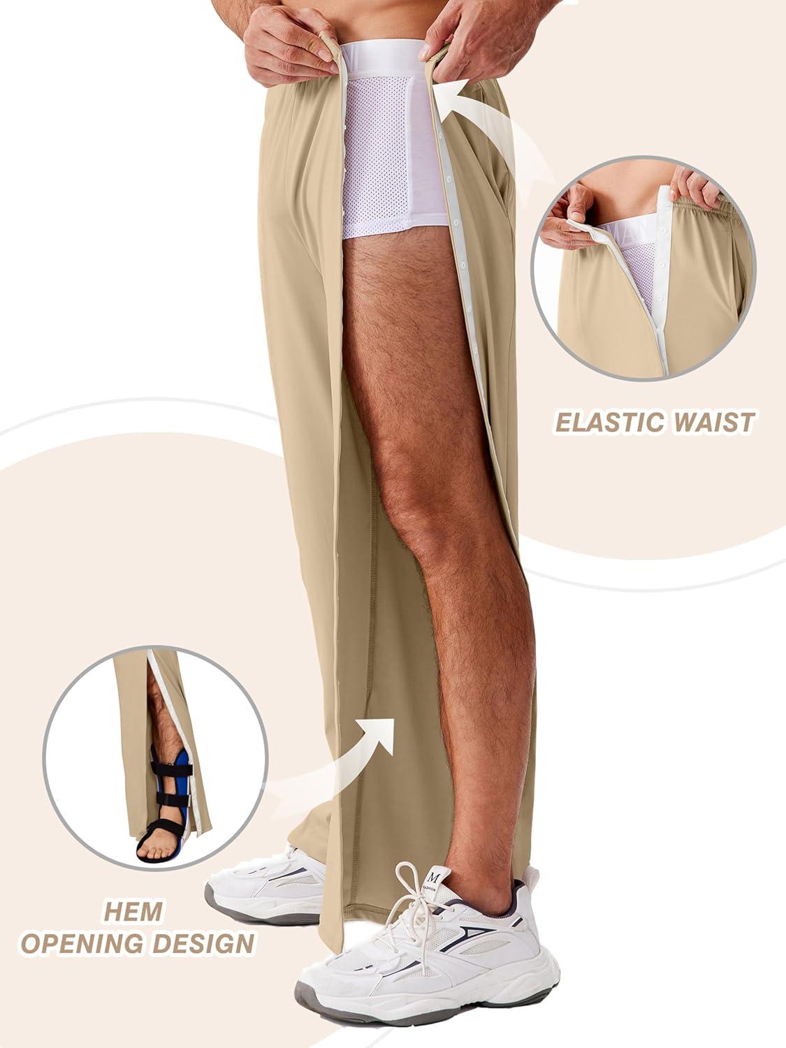 imageDeyeek Tear Away Pants for Men Open Bottom Side Snap On Sweatpants Baggy Post Knee Hip Leg Surgery Recovery Pant with PocketsKhaki