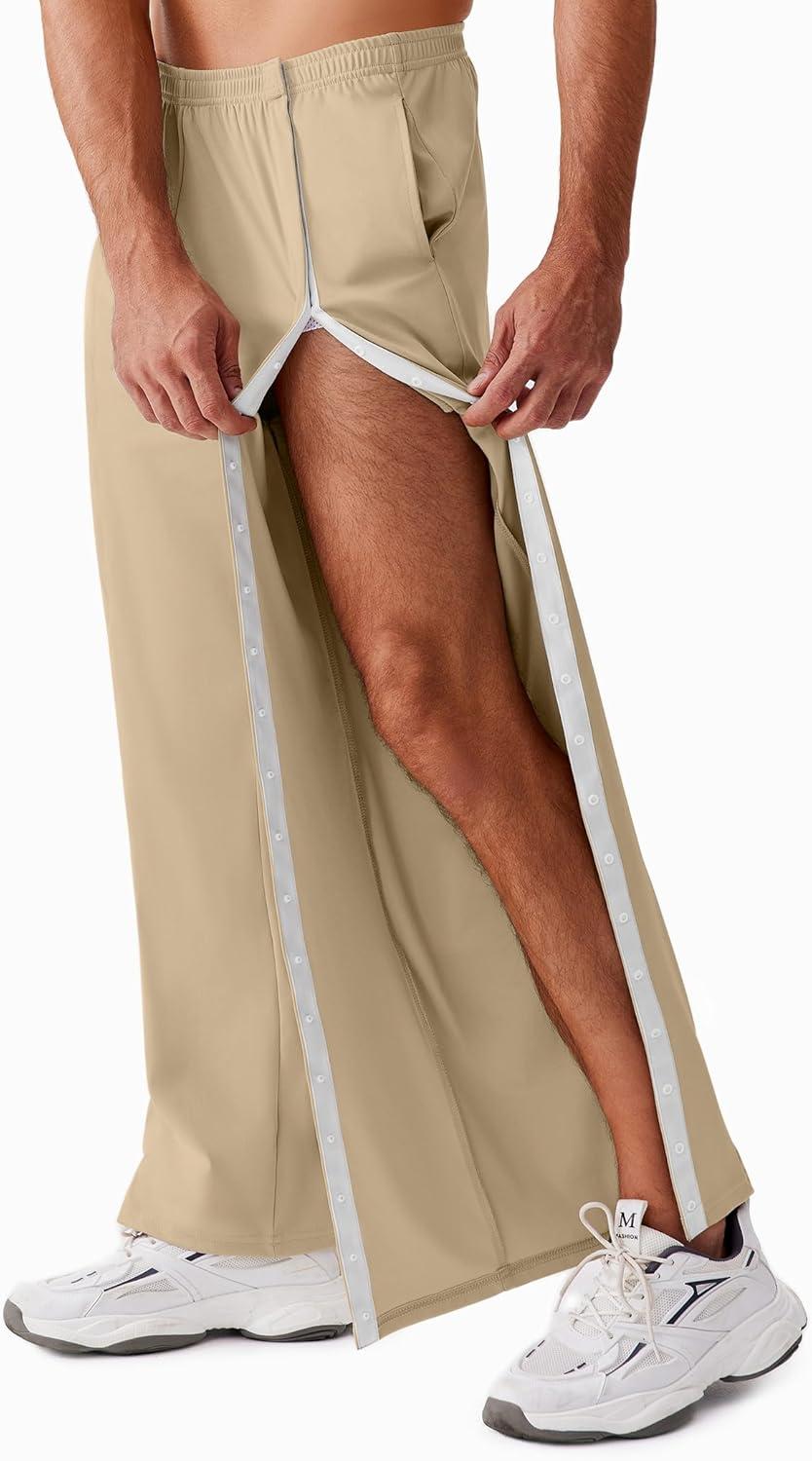 imageDeyeek Tear Away Pants for Men Open Bottom Side Snap On Sweatpants Baggy Post Knee Hip Leg Surgery Recovery Pant with PocketsKhaki