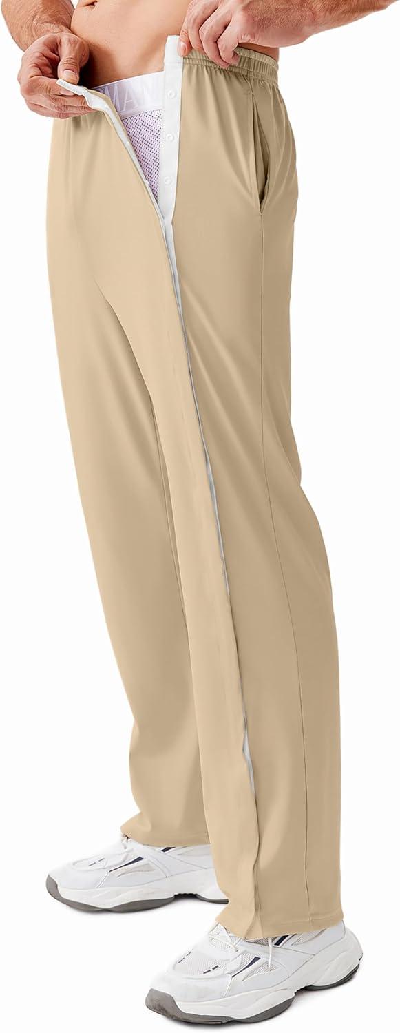 imageDeyeek Tear Away Pants for Men Open Bottom Side Snap On Sweatpants Baggy Post Knee Hip Leg Surgery Recovery Pant with PocketsKhaki