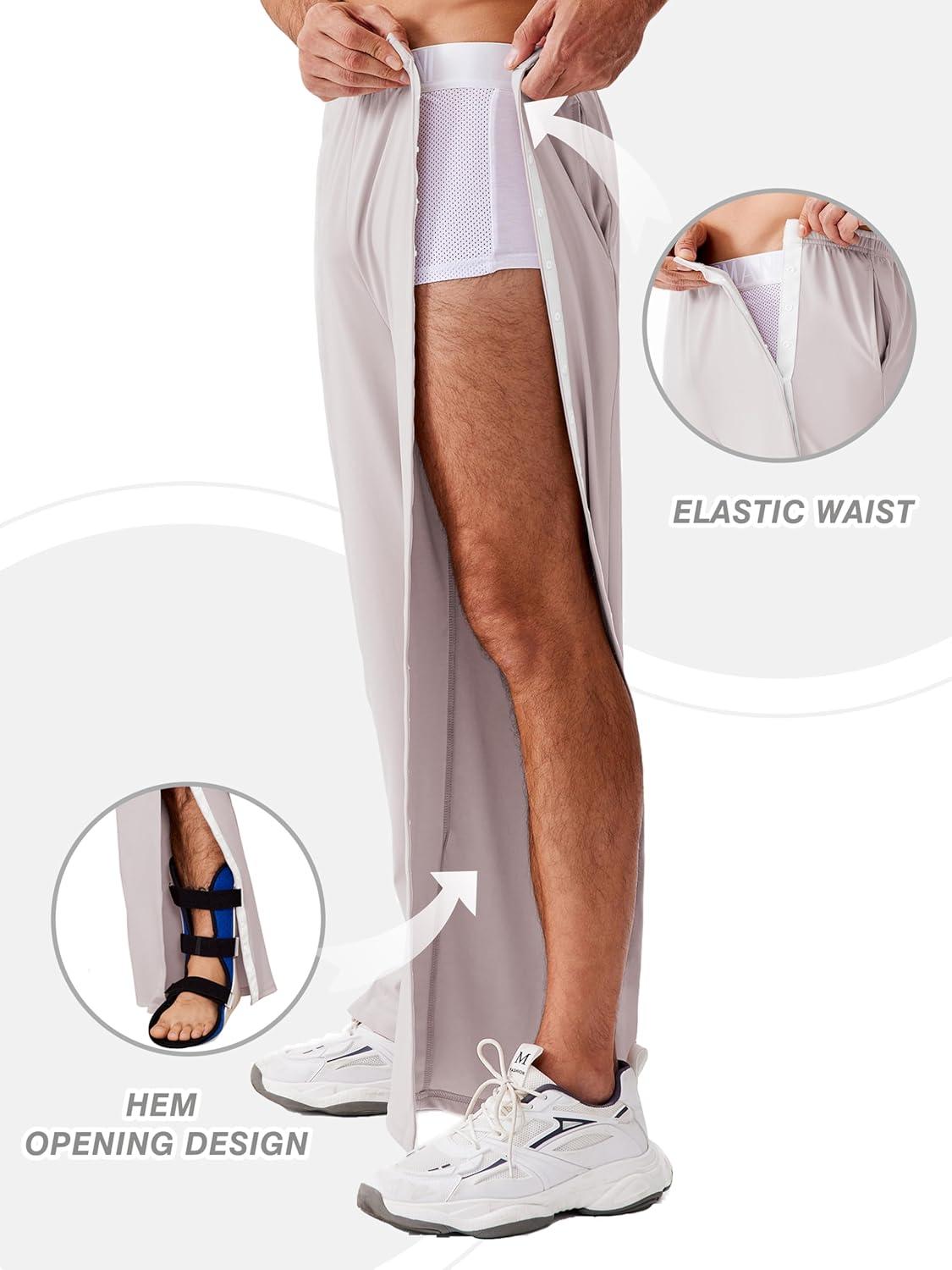 imageDeyeek Tear Away Pants for Men Open Bottom Side Snap On Sweatpants Baggy Post Knee Hip Leg Surgery Recovery Pant with PocketsLight Gray