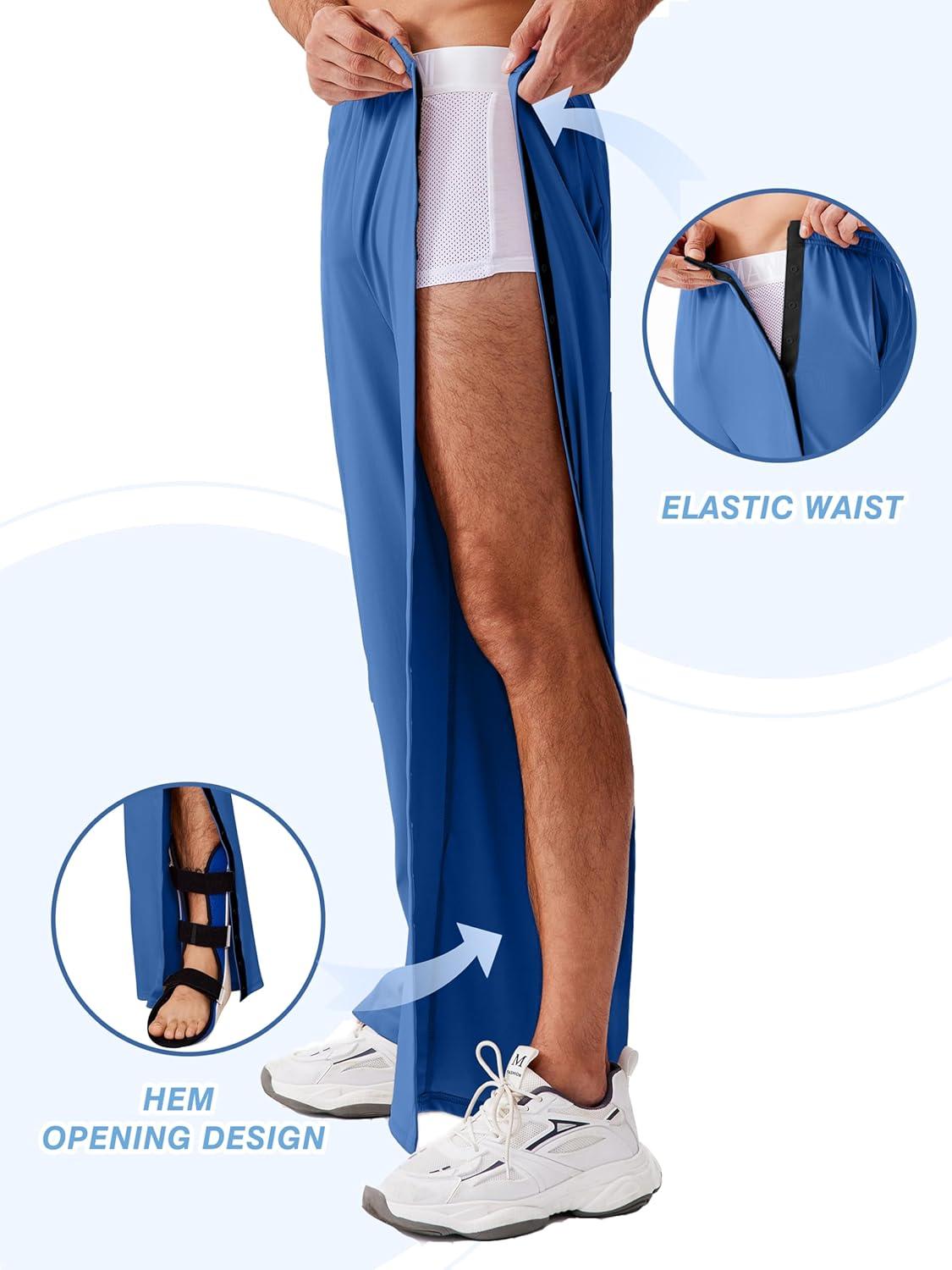imageDeyeek Tear Away Pants for Men Open Bottom Side Snap On Sweatpants Baggy Post Knee Hip Leg Surgery Recovery Pant with PocketsNavy
