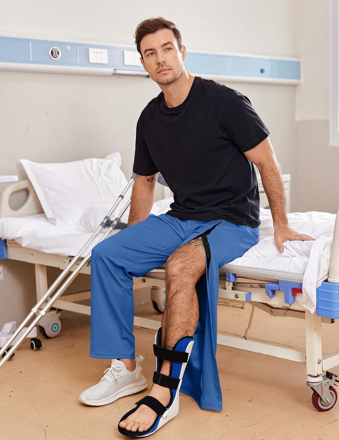 imageDeyeek Tear Away Pants for Men Open Bottom Side Snap On Sweatpants Baggy Post Knee Hip Leg Surgery Recovery Pant with PocketsNavy