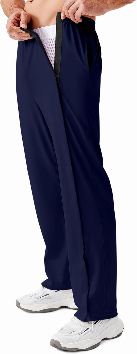 imageDeyeek Tear Away Pants for Men Open Bottom Side Snap On Sweatpants Baggy Post Knee Hip Leg Surgery Recovery Pant with PocketsNavy Blue