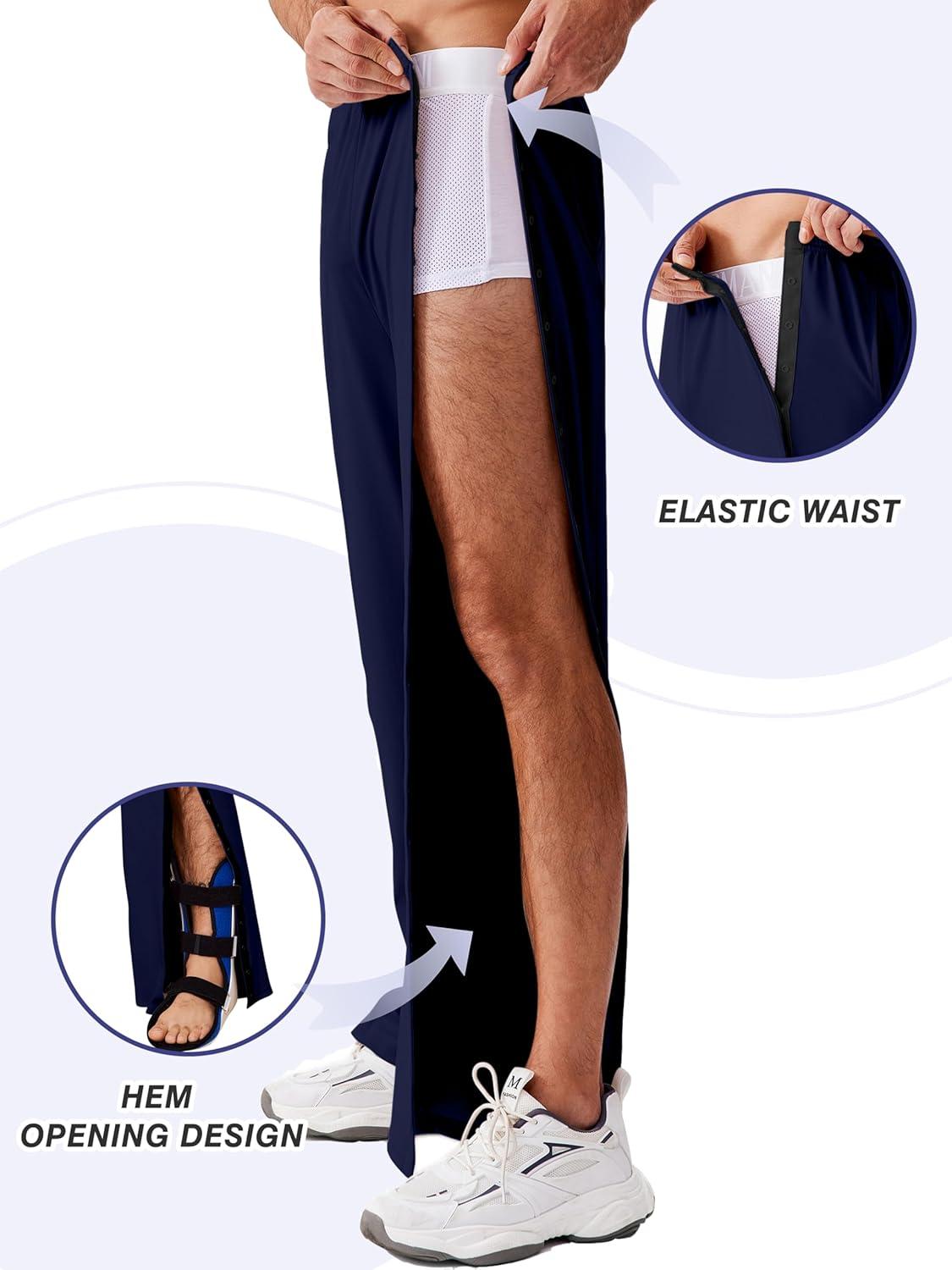 imageDeyeek Tear Away Pants for Men Open Bottom Side Snap On Sweatpants Baggy Post Knee Hip Leg Surgery Recovery Pant with PocketsNavy Blue