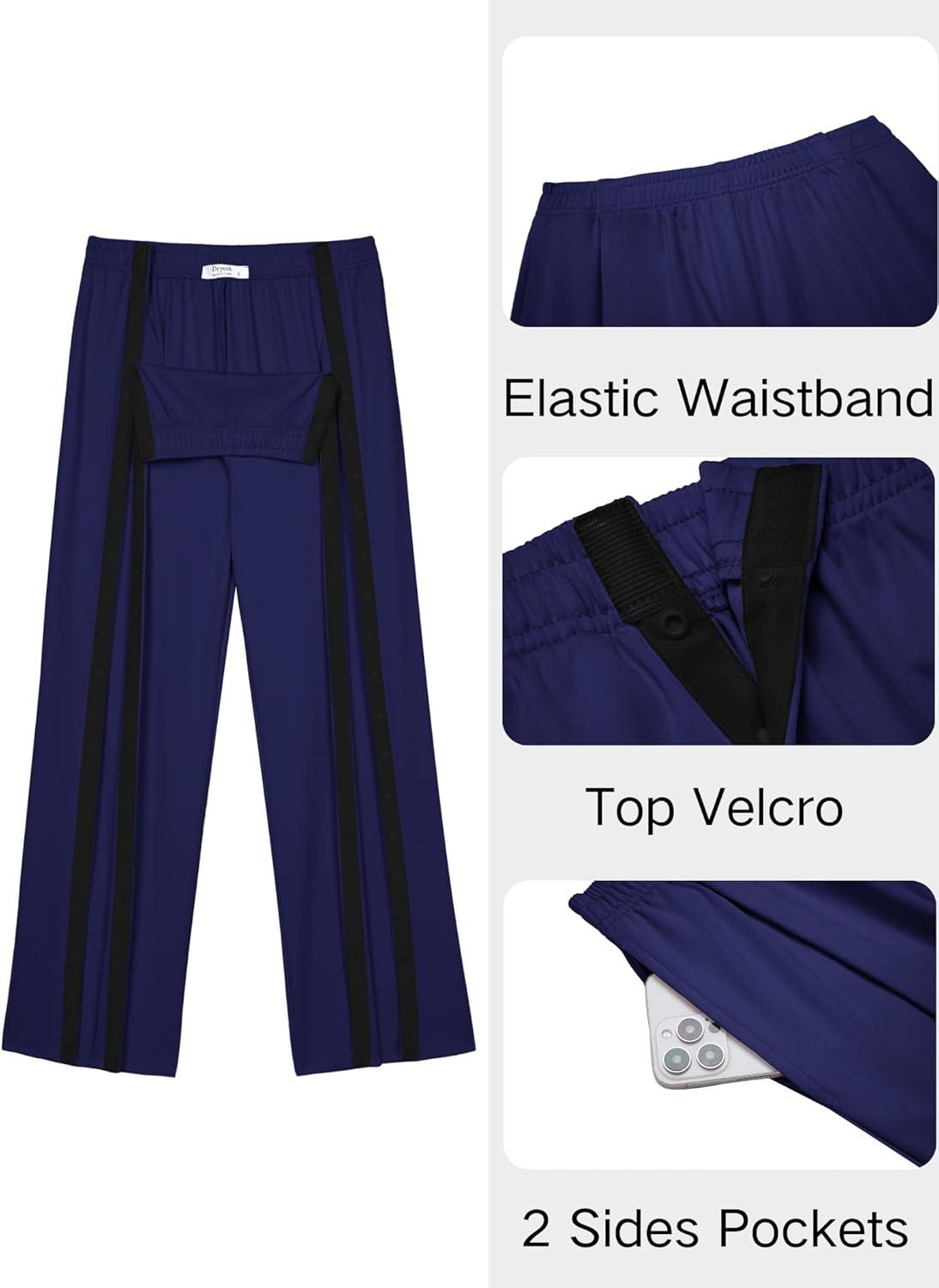 imageDeyeek Tear Away Pants for Women Side Slit Snap Sweatpants Loose Fit Post Surgery Casual Adaptive Clothing with PocketsNavy Blue