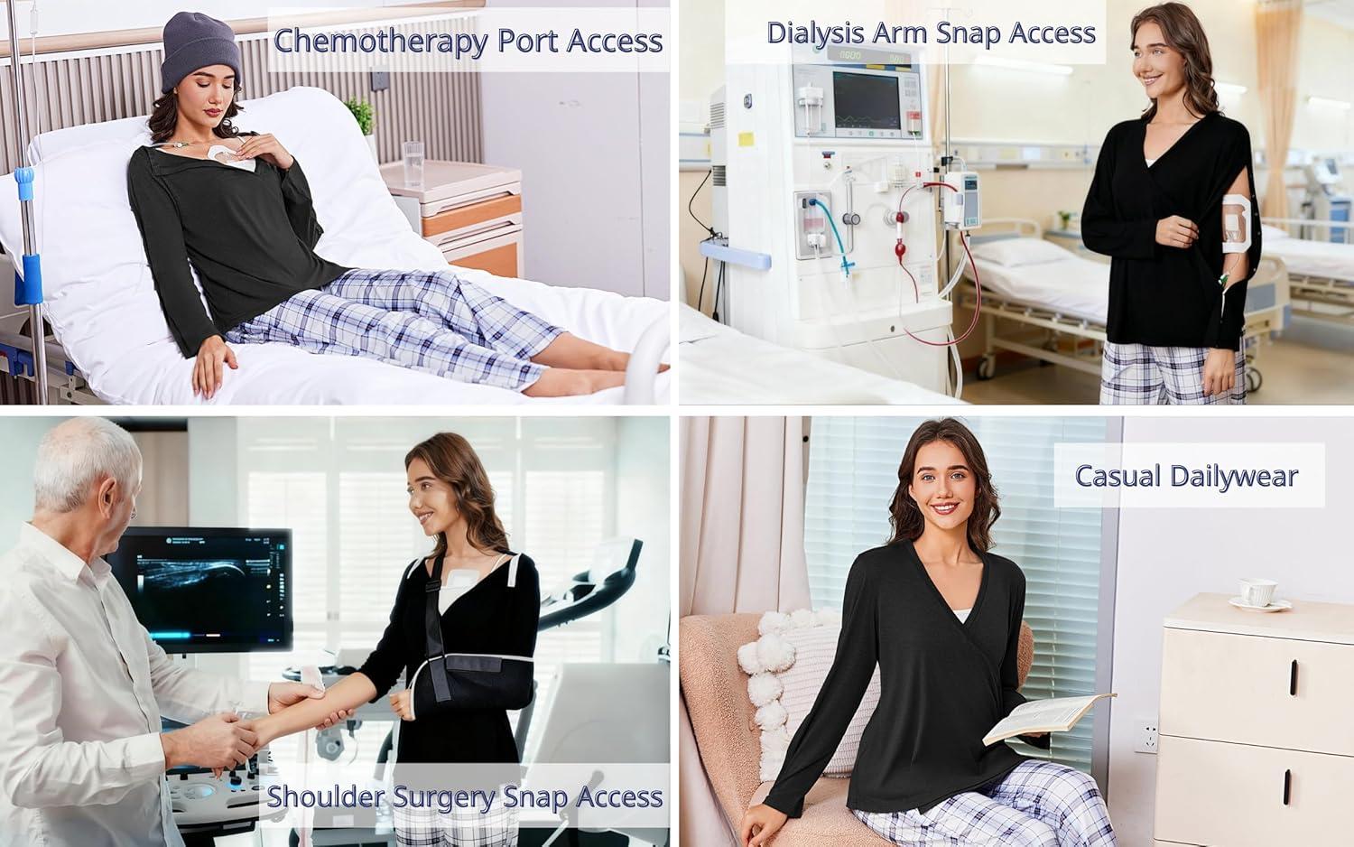 imageDeyeek Womens Post Shoulder Surgery Shirts Long Sleeve VNeck Wrap Chemo Blouse Easy Access Adaptive Snap On Dialysis ShirtsBlack