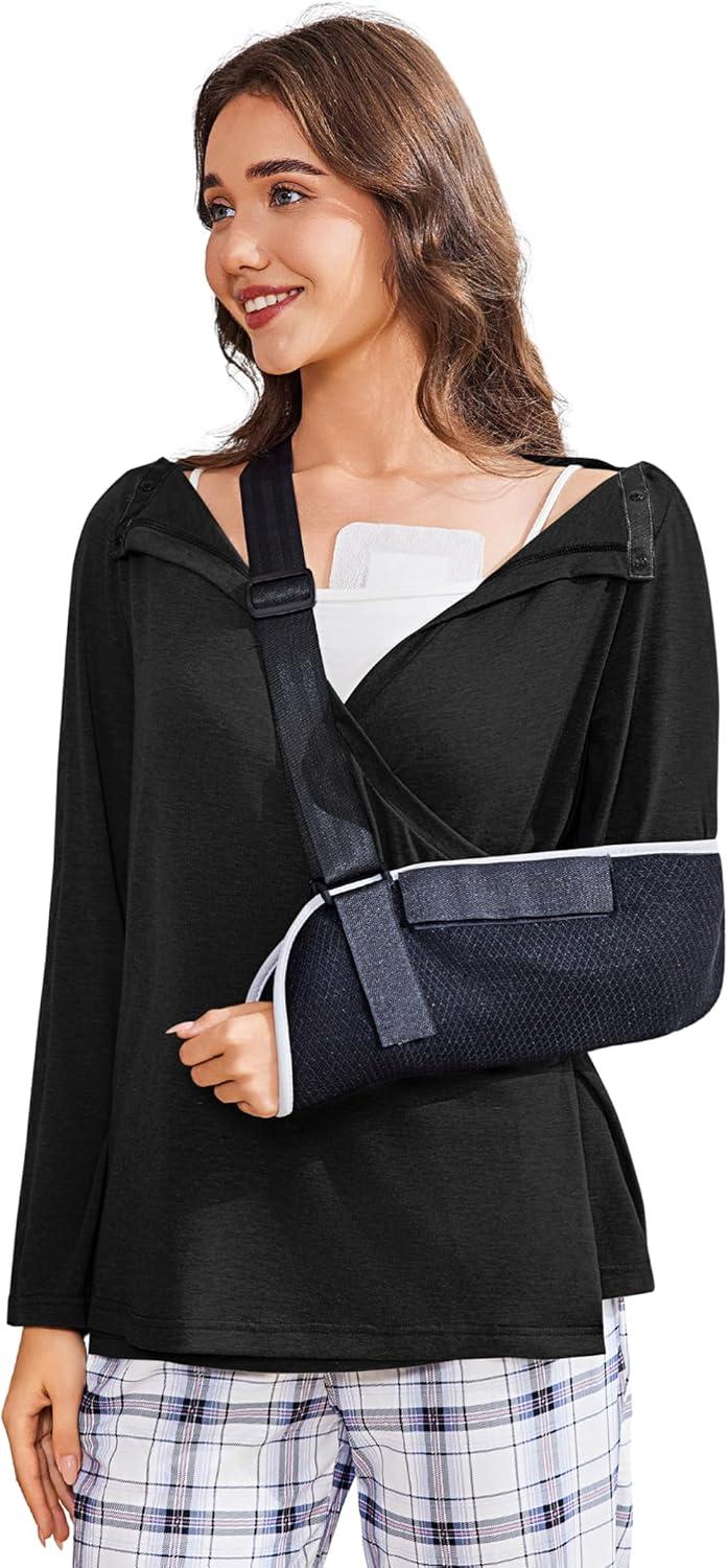 imageDeyeek Womens Post Shoulder Surgery Shirts Long Sleeve VNeck Wrap Chemo Blouse Easy Access Adaptive Snap On Dialysis ShirtsBlack