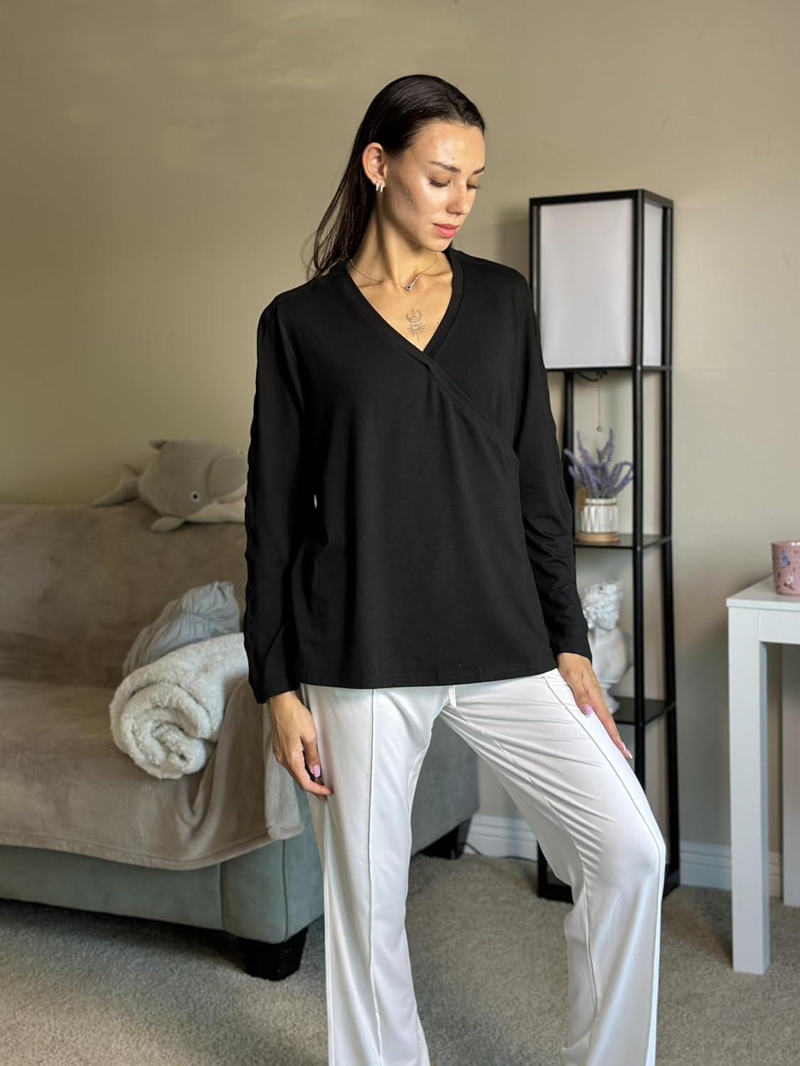imageDeyeek Womens Post Shoulder Surgery Shirts Long Sleeve VNeck Wrap Chemo Blouse Easy Access Adaptive Snap On Dialysis ShirtsBlack