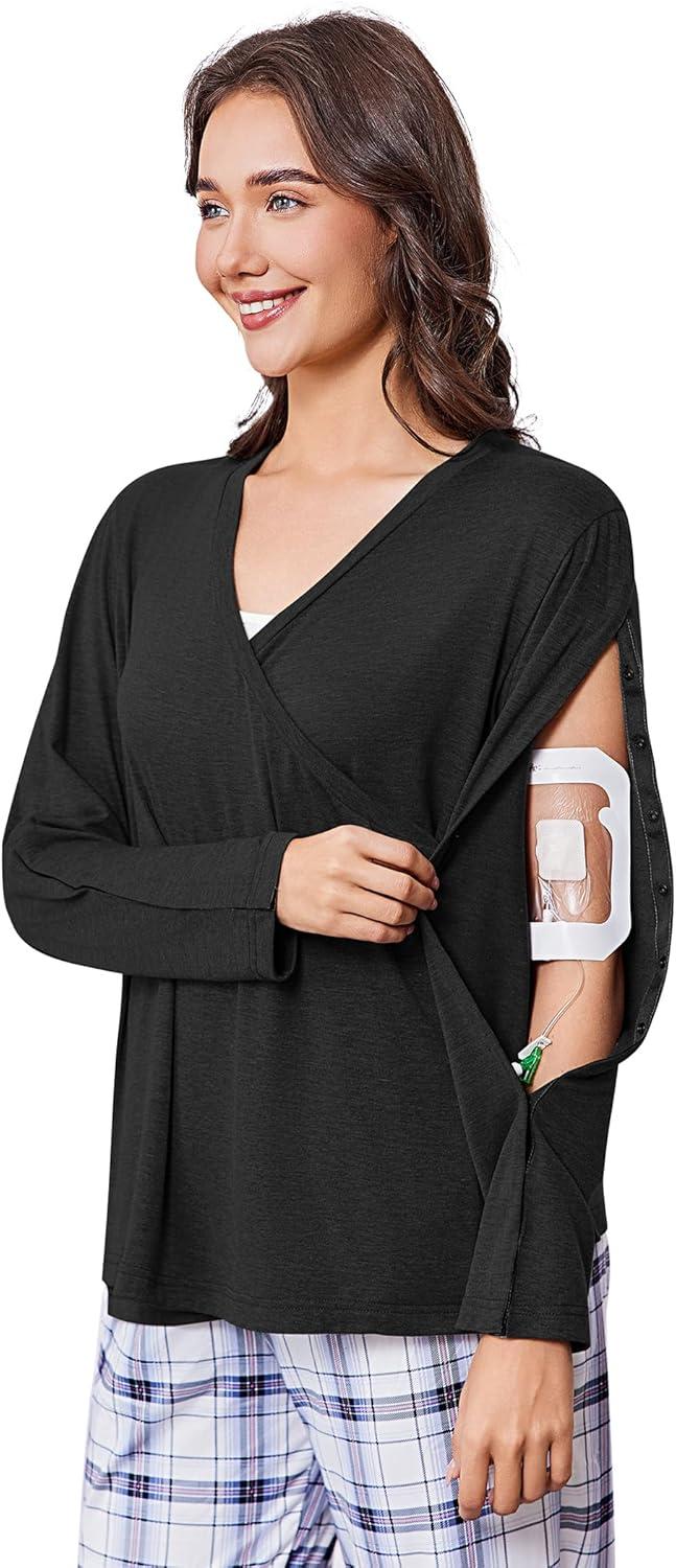 imageDeyeek Womens Post Shoulder Surgery Shirts Long Sleeve VNeck Wrap Chemo Blouse Easy Access Adaptive Snap On Dialysis ShirtsBlack