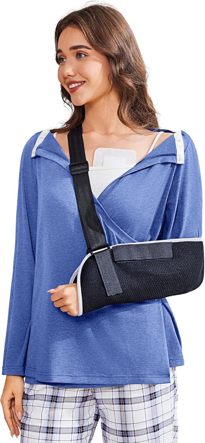 imageDeyeek Womens Post Shoulder Surgery Shirts Long Sleeve VNeck Wrap Chemo Blouse Easy Access Adaptive Snap On Dialysis ShirtsBlue