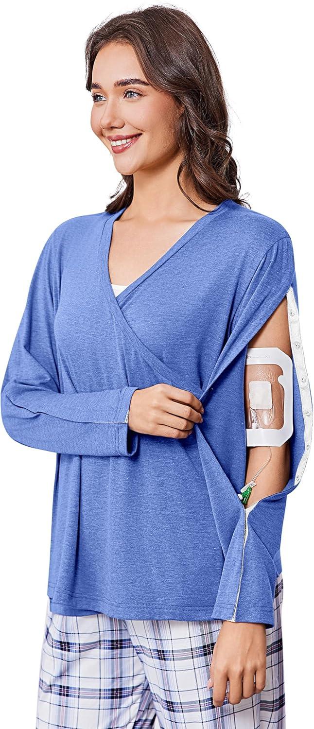 imageDeyeek Womens Post Shoulder Surgery Shirts Long Sleeve VNeck Wrap Chemo Blouse Easy Access Adaptive Snap On Dialysis ShirtsBlue