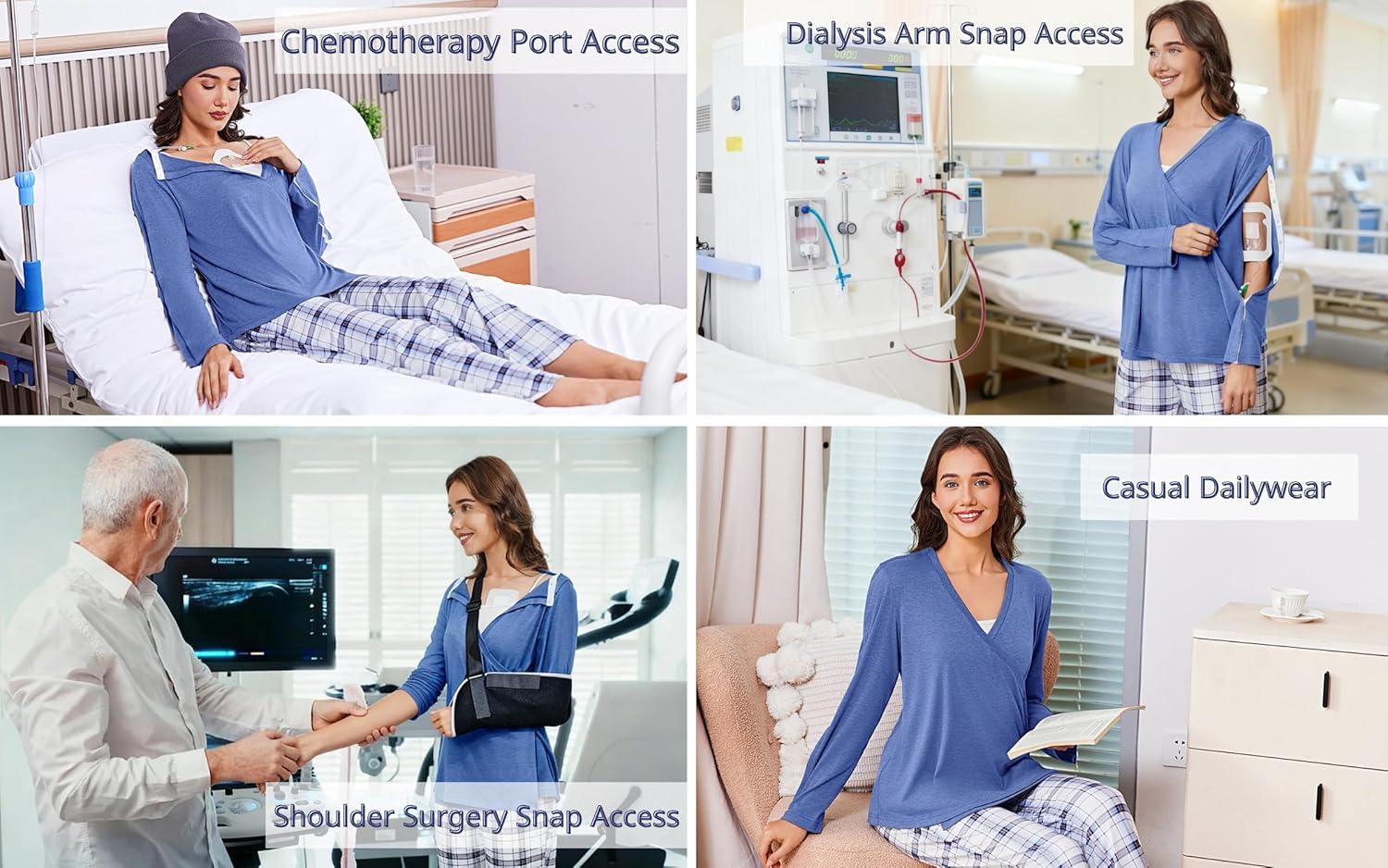 imageDeyeek Womens Post Shoulder Surgery Shirts Long Sleeve VNeck Wrap Chemo Blouse Easy Access Adaptive Snap On Dialysis ShirtsBlue