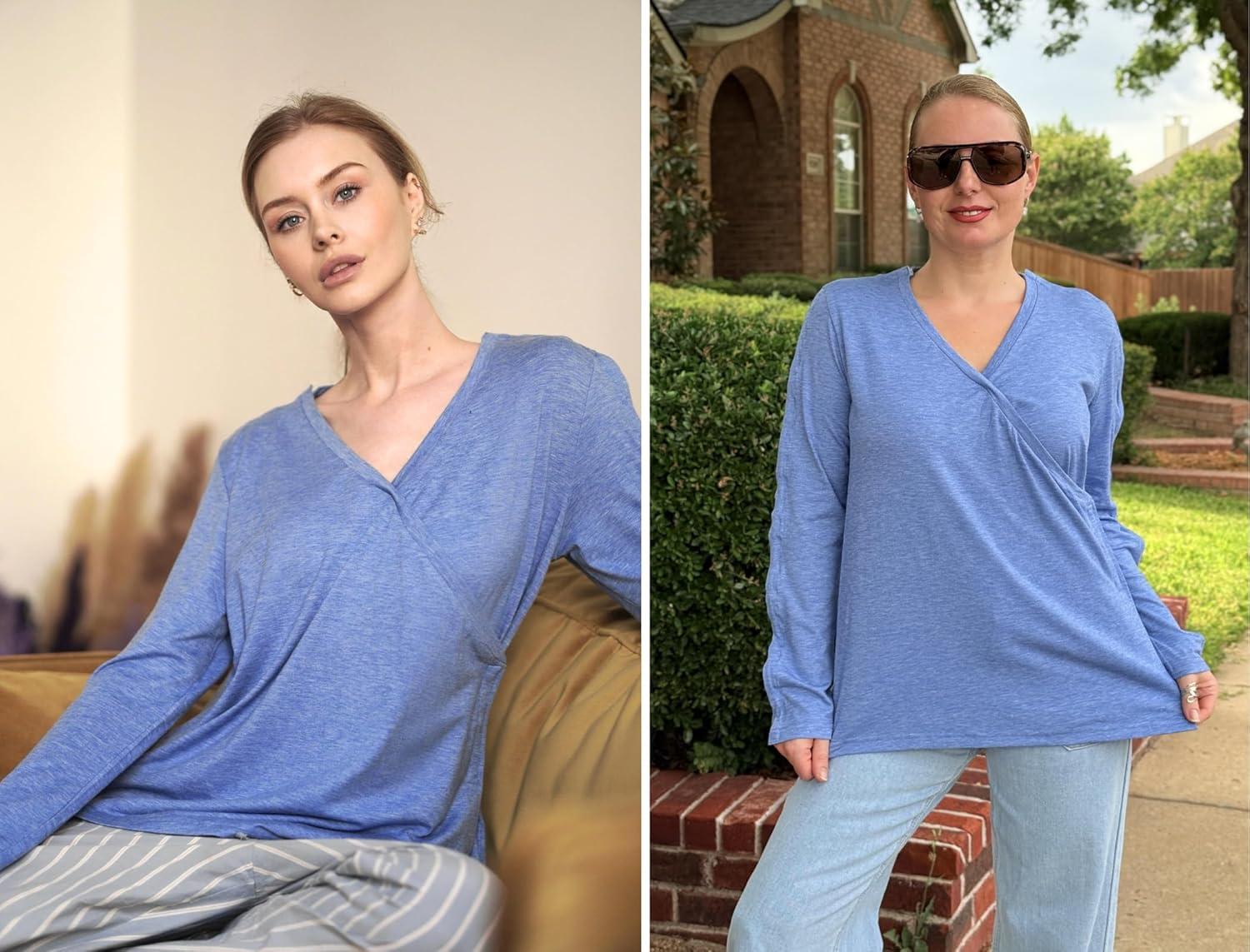 imageDeyeek Womens Post Shoulder Surgery Shirts Long Sleeve VNeck Wrap Chemo Blouse Easy Access Adaptive Snap On Dialysis ShirtsBlue
