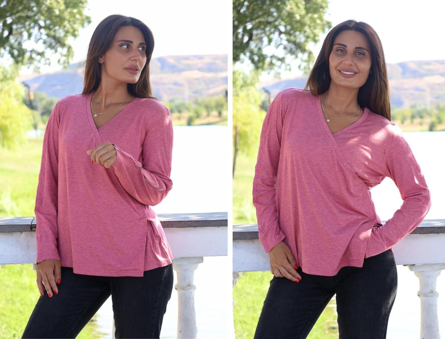 imageDeyeek Womens Post Shoulder Surgery Shirts Long Sleeve VNeck Wrap Chemo Blouse Easy Access Adaptive Snap On Dialysis ShirtsCoral Red