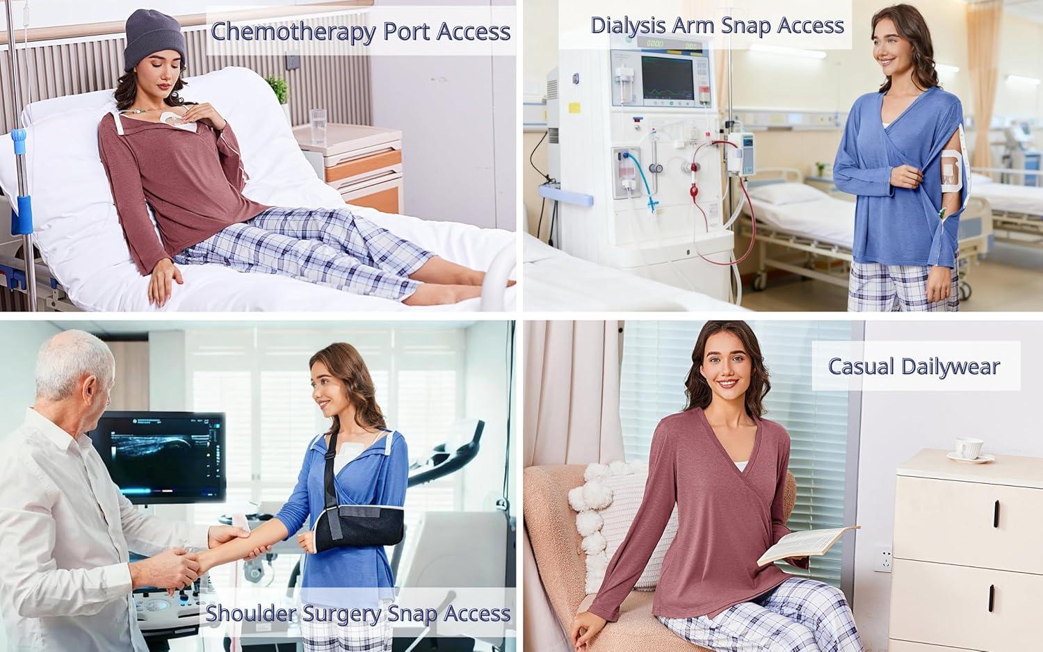 imageDeyeek Womens Post Shoulder Surgery Shirts Long Sleeve VNeck Wrap Chemo Blouse Easy Access Adaptive Snap On Dialysis ShirtsCoral Red