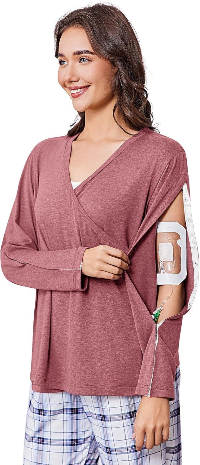 imageDeyeek Womens Post Shoulder Surgery Shirts Long Sleeve VNeck Wrap Chemo Blouse Easy Access Adaptive Snap On Dialysis ShirtsCoral Red