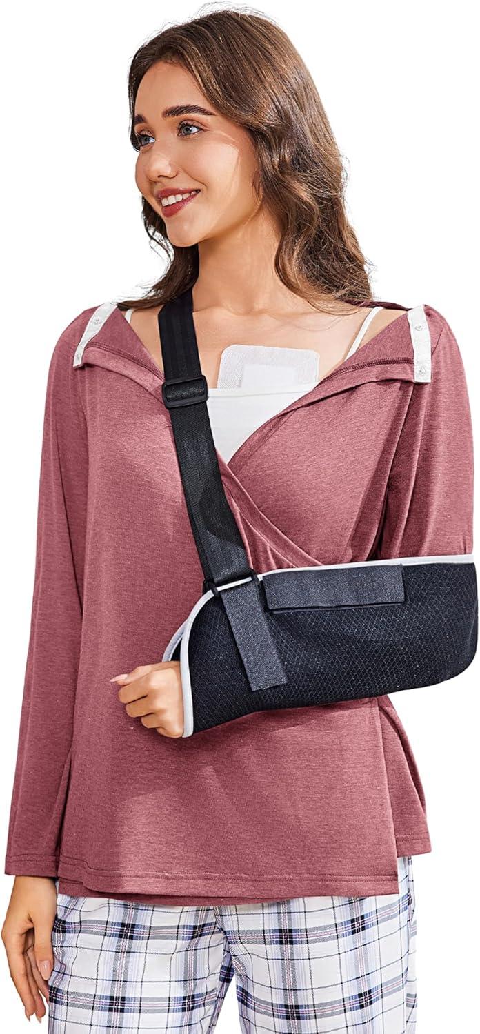 imageDeyeek Womens Post Shoulder Surgery Shirts Long Sleeve VNeck Wrap Chemo Blouse Easy Access Adaptive Snap On Dialysis ShirtsCoral Red