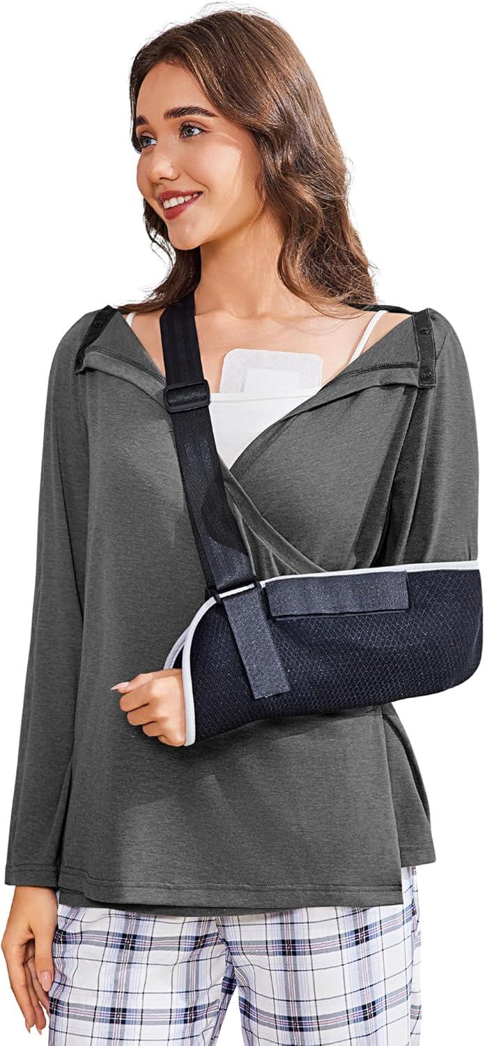 imageDeyeek Womens Post Shoulder Surgery Shirts Long Sleeve VNeck Wrap Chemo Blouse Easy Access Adaptive Snap On Dialysis ShirtsDark Grey