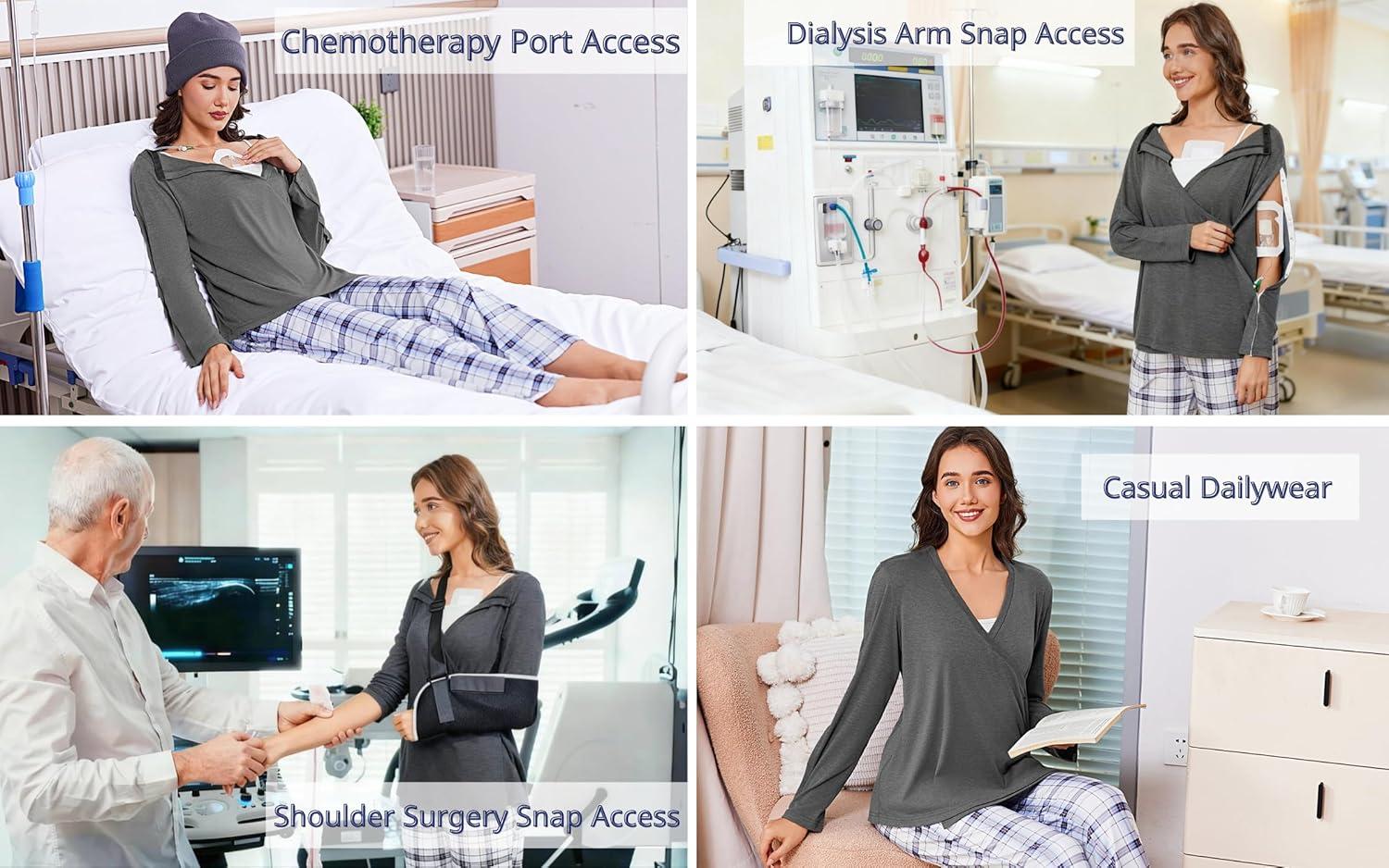 imageDeyeek Womens Post Shoulder Surgery Shirts Long Sleeve VNeck Wrap Chemo Blouse Easy Access Adaptive Snap On Dialysis ShirtsDark Grey