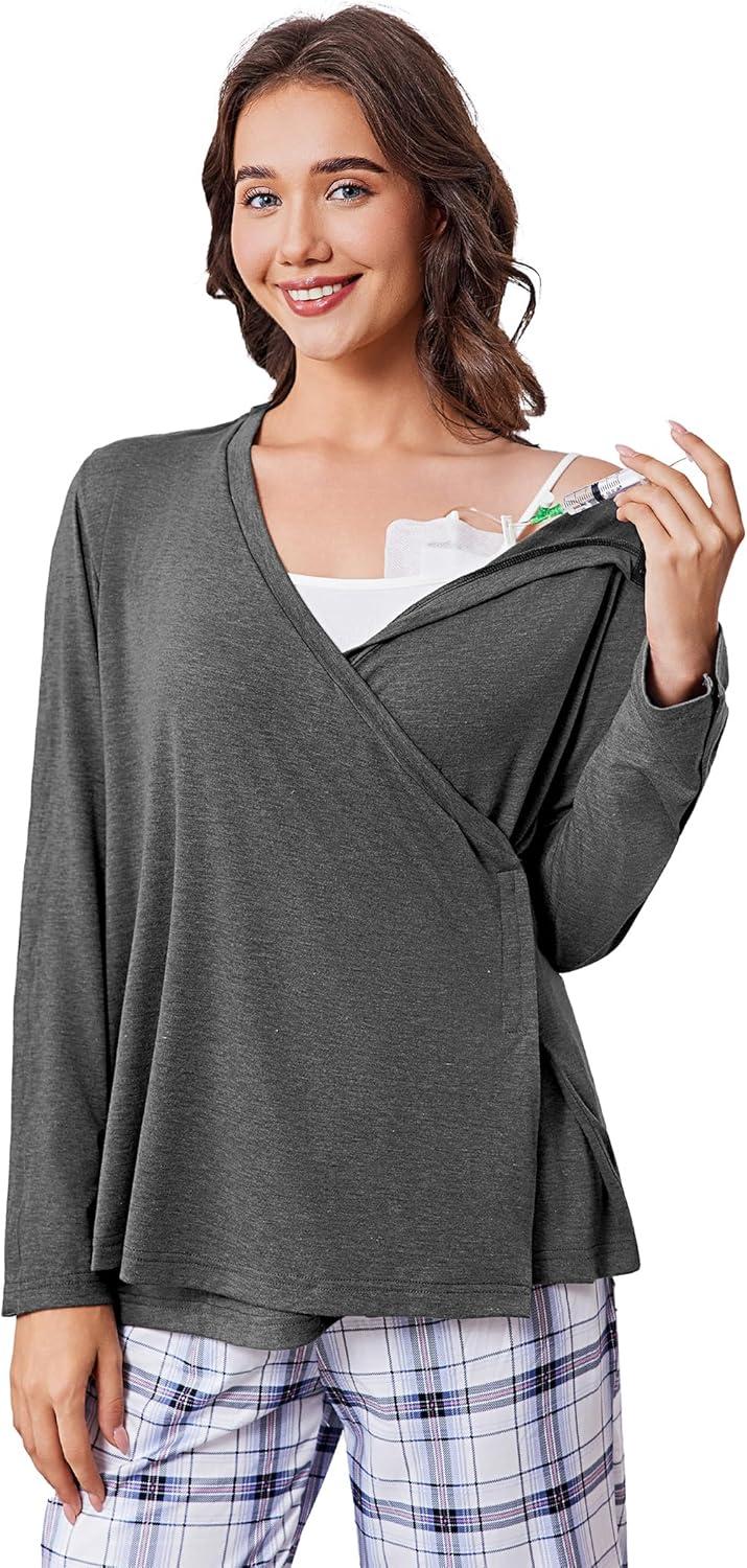 imageDeyeek Womens Post Shoulder Surgery Shirts Long Sleeve VNeck Wrap Chemo Blouse Easy Access Adaptive Snap On Dialysis ShirtsDark Grey
