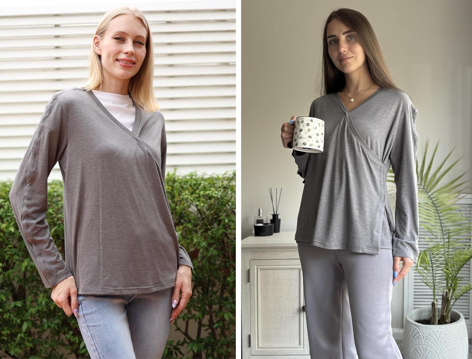 imageDeyeek Womens Post Shoulder Surgery Shirts Long Sleeve VNeck Wrap Chemo Blouse Easy Access Adaptive Snap On Dialysis ShirtsDark Grey