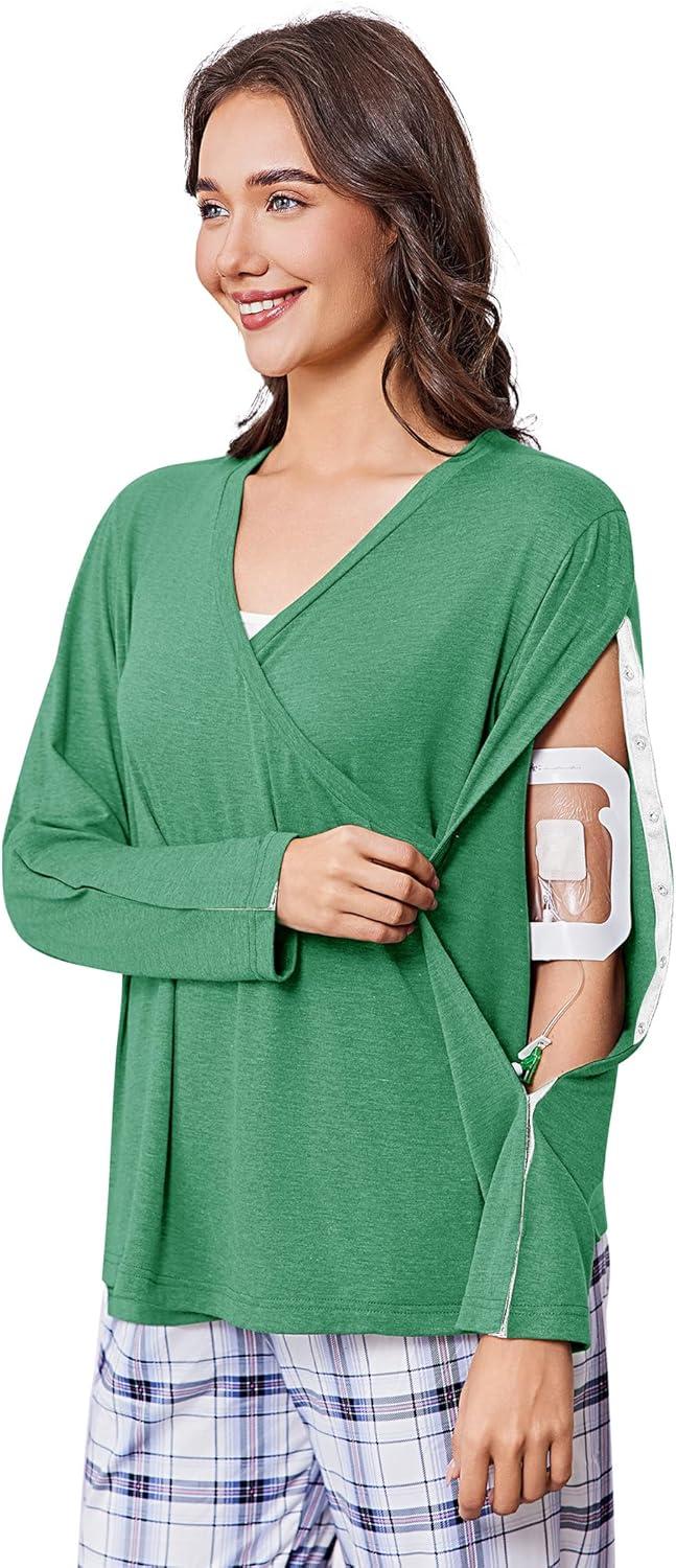 imageDeyeek Womens Post Shoulder Surgery Shirts Long Sleeve VNeck Wrap Chemo Blouse Easy Access Adaptive Snap On Dialysis ShirtsGreen