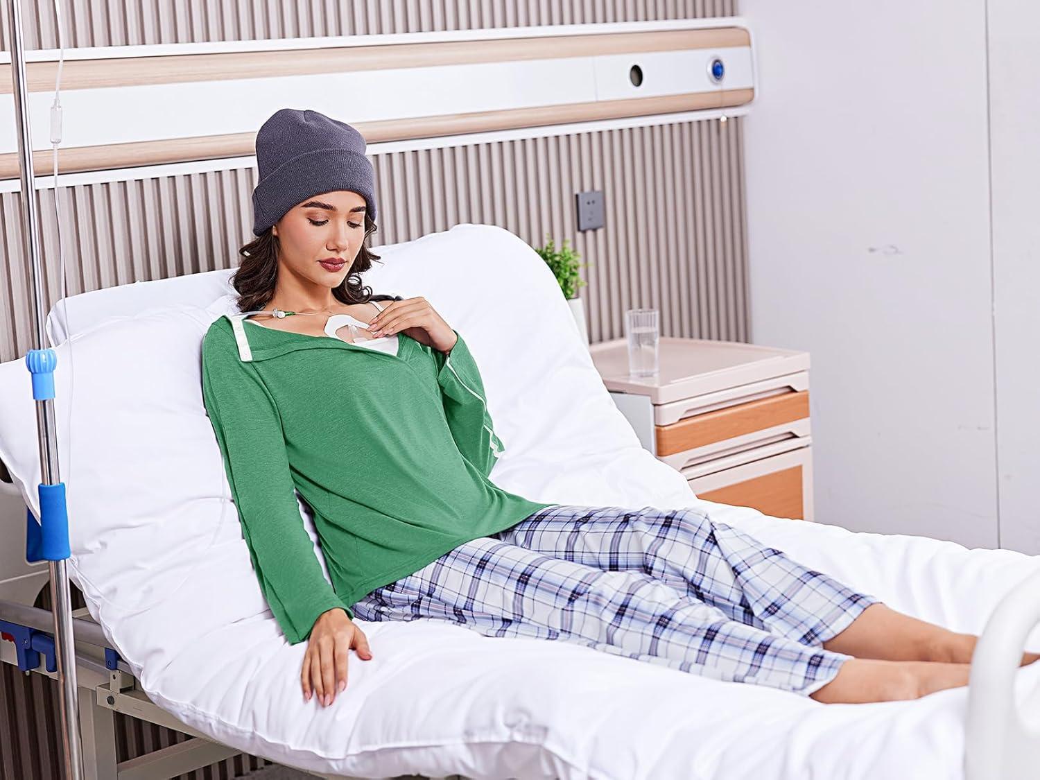 imageDeyeek Womens Post Shoulder Surgery Shirts Long Sleeve VNeck Wrap Chemo Blouse Easy Access Adaptive Snap On Dialysis ShirtsGreen
