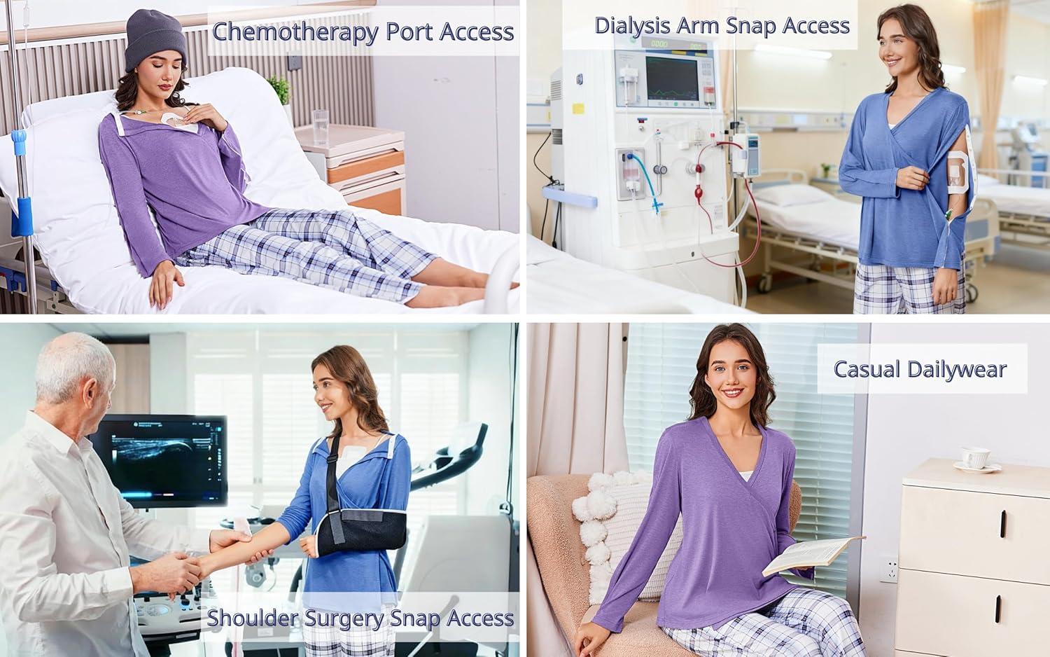 imageDeyeek Womens Post Shoulder Surgery Shirts Long Sleeve VNeck Wrap Chemo Blouse Easy Access Adaptive Snap On Dialysis ShirtsLilac Purple
