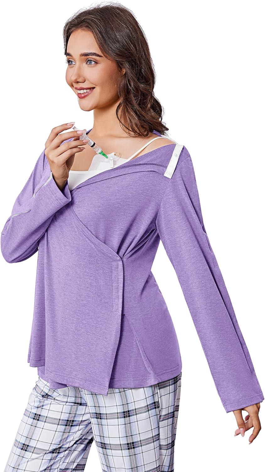 imageDeyeek Womens Post Shoulder Surgery Shirts Long Sleeve VNeck Wrap Chemo Blouse Easy Access Adaptive Snap On Dialysis ShirtsLilac Purple