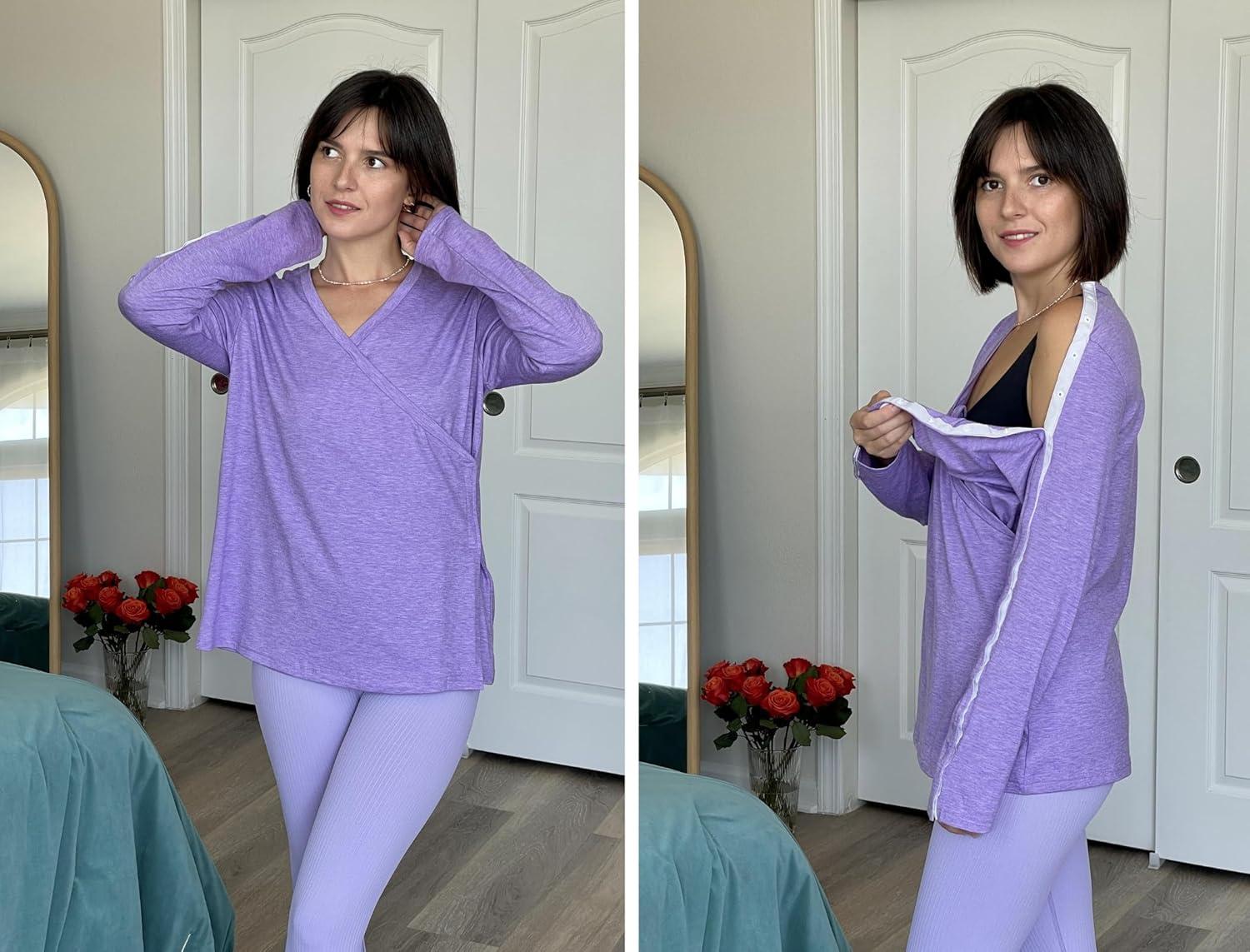 imageDeyeek Womens Post Shoulder Surgery Shirts Long Sleeve VNeck Wrap Chemo Blouse Easy Access Adaptive Snap On Dialysis ShirtsLilac Purple